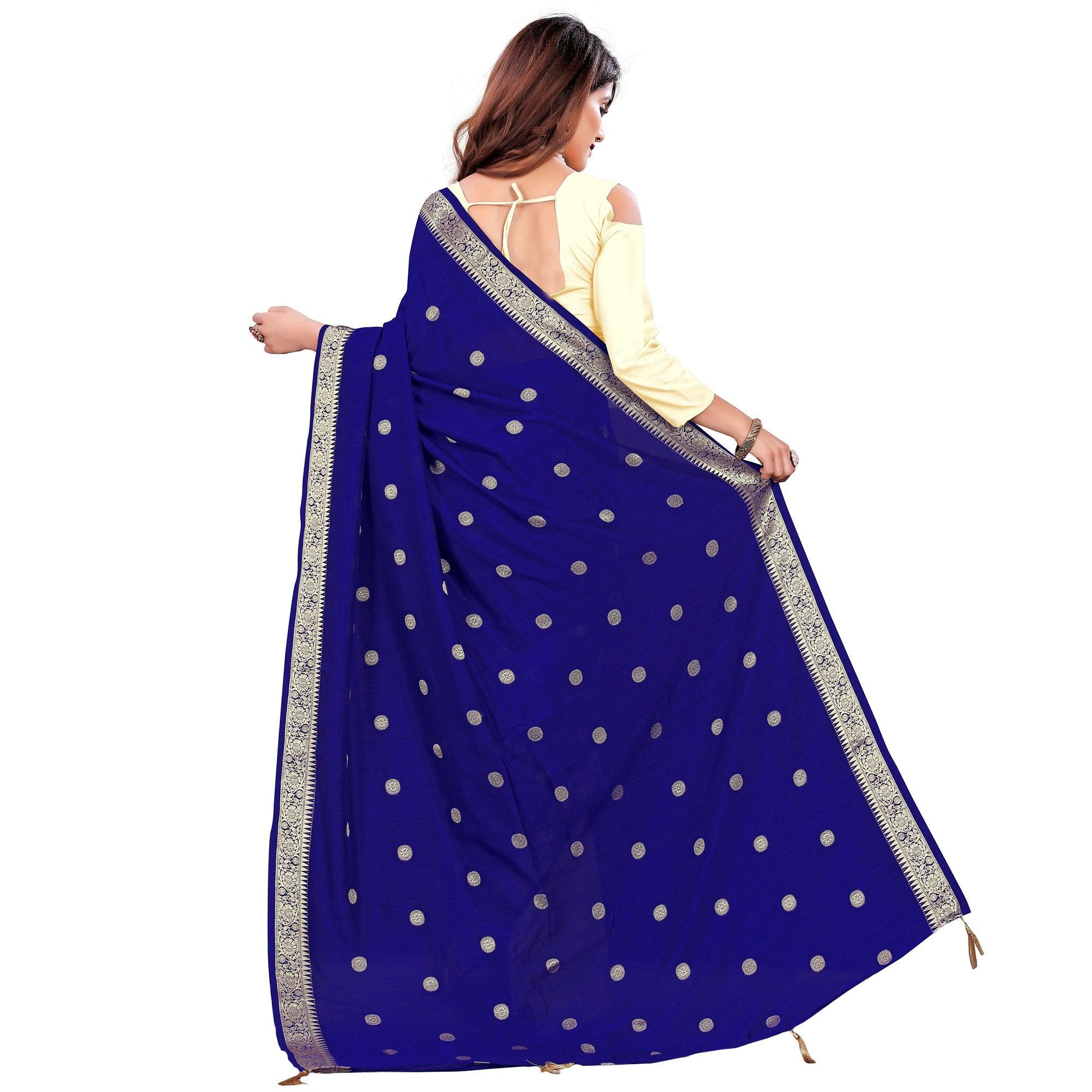 Graceful Blue Colored Casual Wear Embroidered Art Silk Saree With Tassels - Peachmode