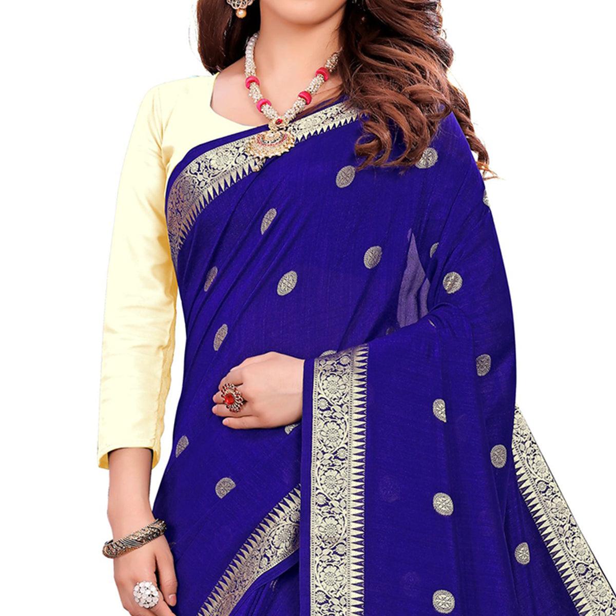 Graceful Blue Colored Casual Wear Embroidered Art Silk Saree With Tassels - Peachmode