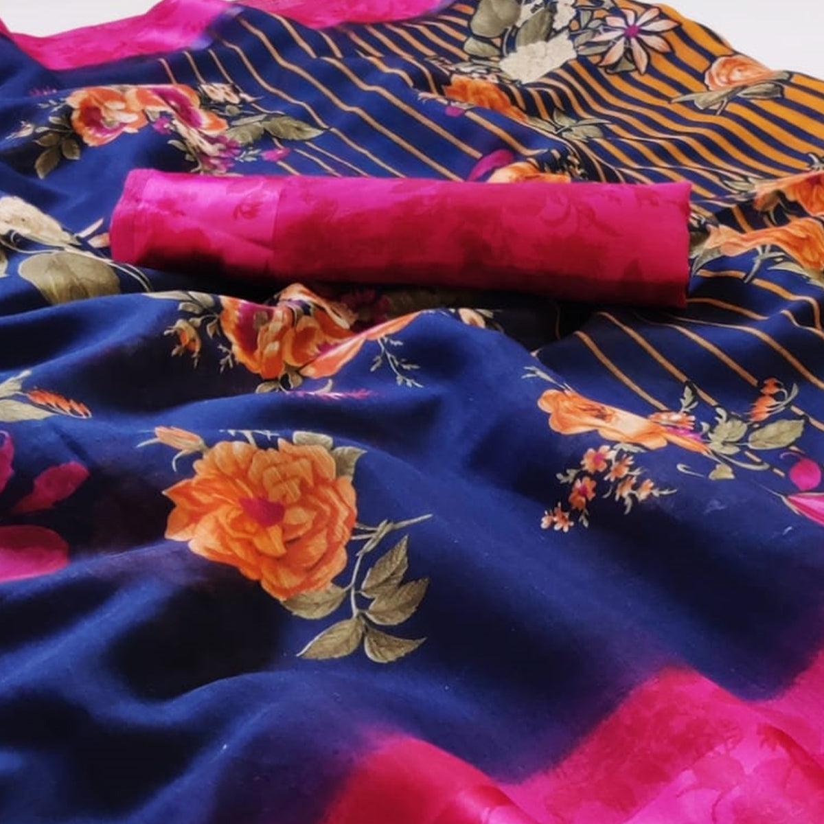 Graceful Blue Colored Casual Wear Floral Printed Linen Saree - Peachmode