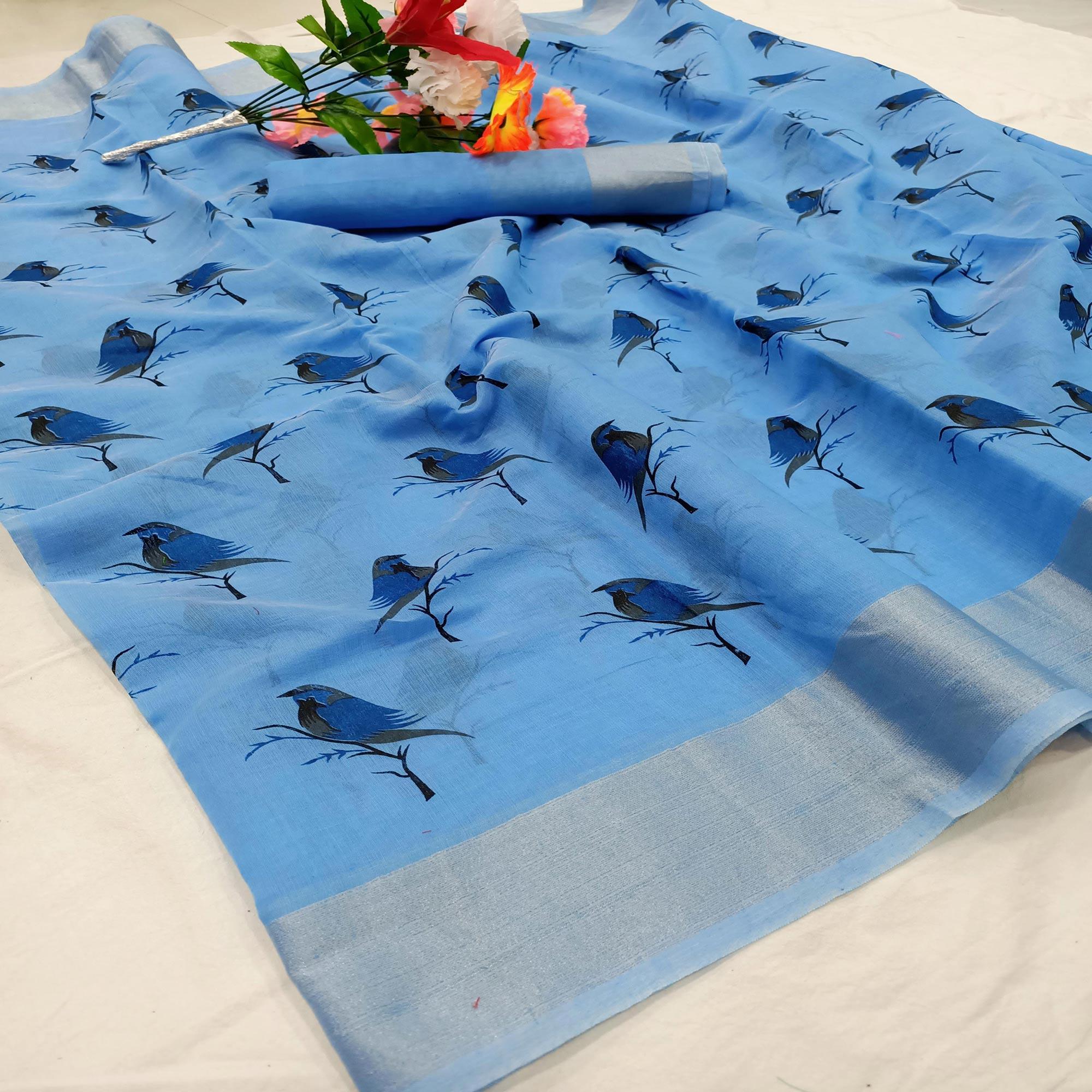 Graceful Blue Colored Casual Wear Sparrow Block Printed Cotton Linen Saree - Peachmode
