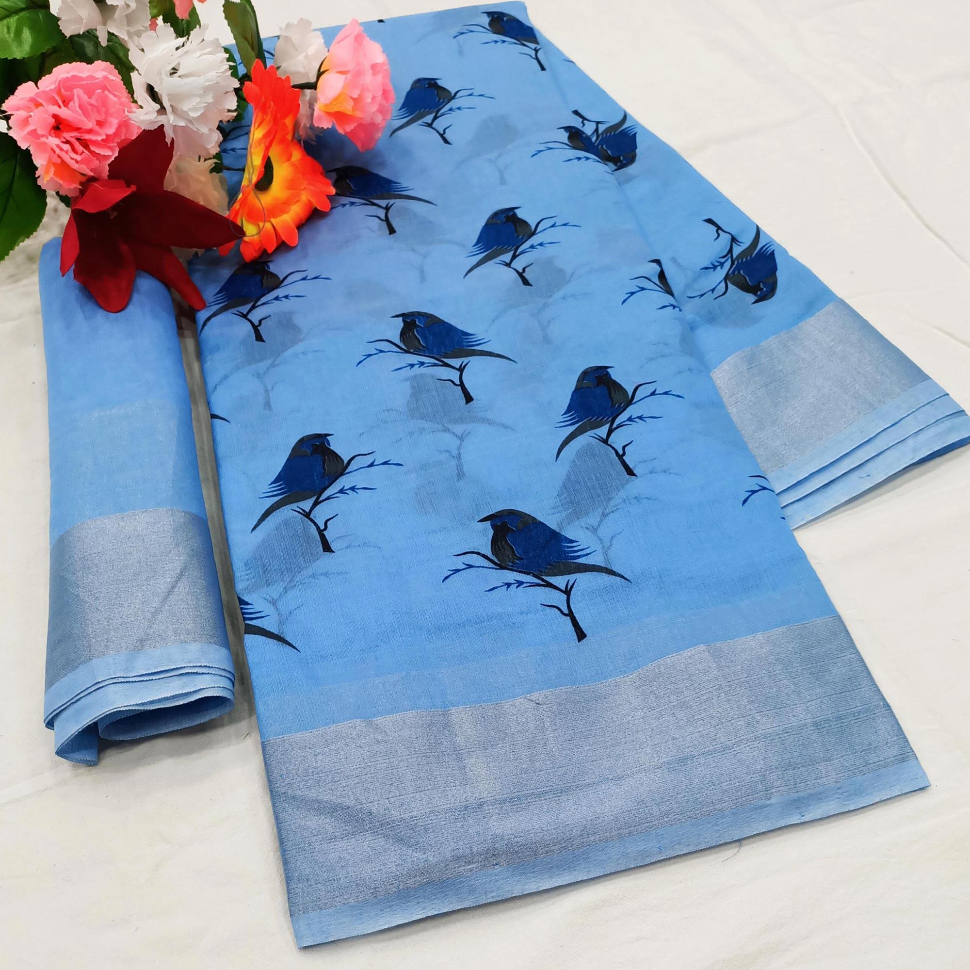 Graceful Blue Colored Casual Wear Sparrow Block Printed Cotton Linen Saree - Peachmode