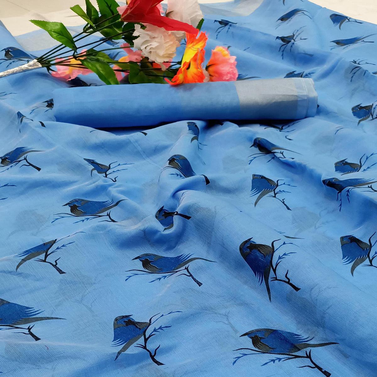 Graceful Blue Colored Casual Wear Sparrow Block Printed Cotton Linen Saree - Peachmode