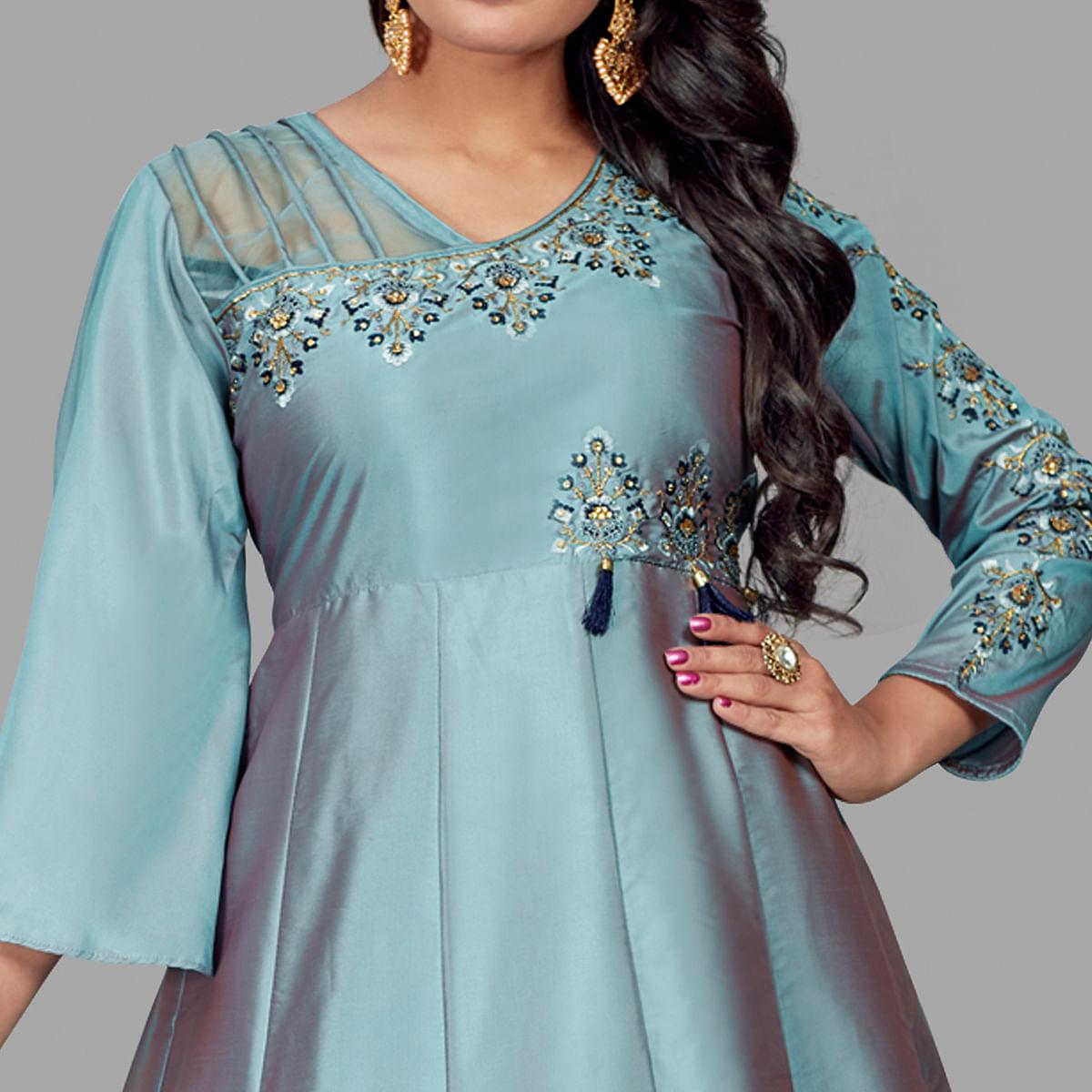 Graceful Blue Colored Embroidered Work Party Wear Heavy Soft Silk Gown - Peachmode