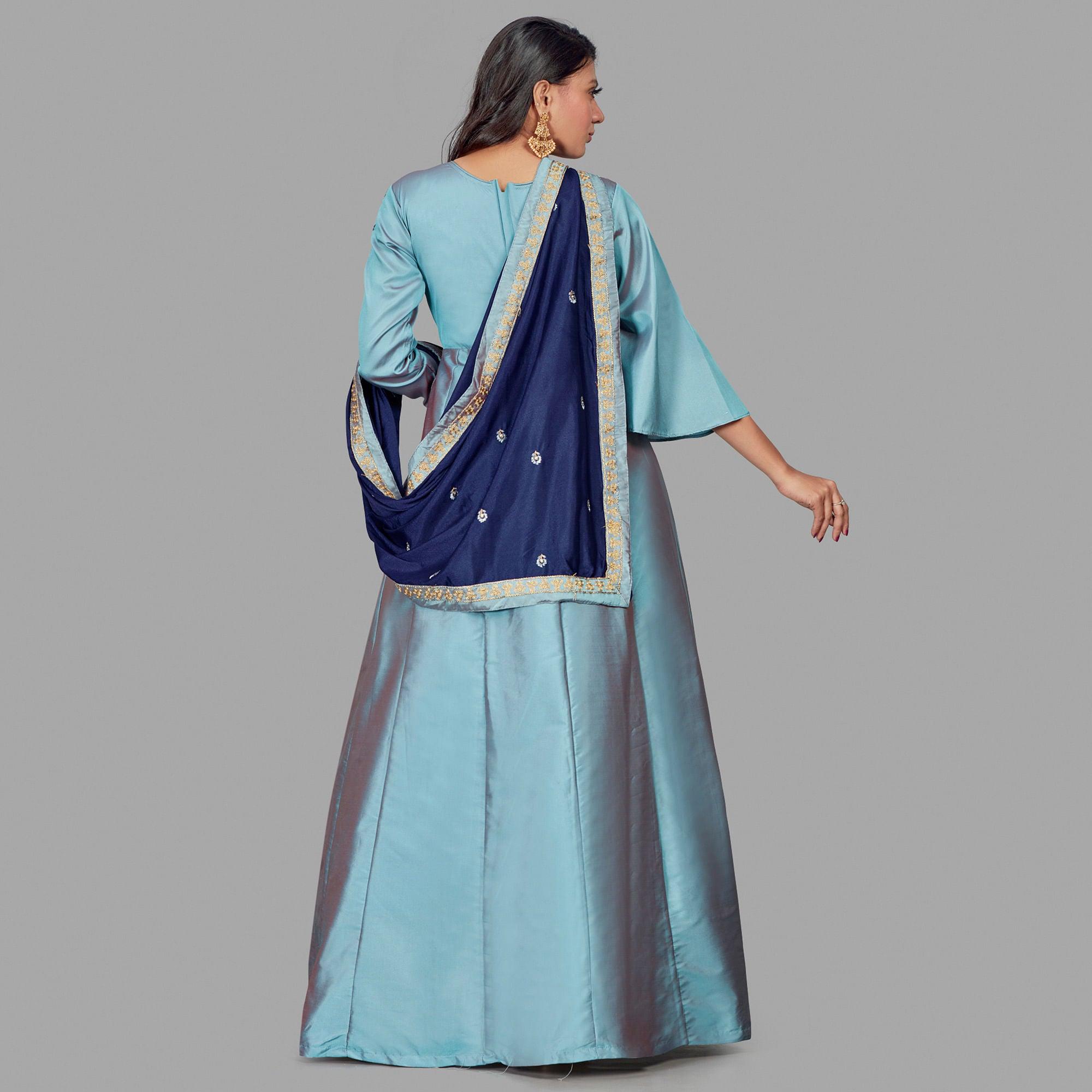 Graceful Blue Colored Embroidered Work Party Wear Heavy Soft Silk Gown - Peachmode