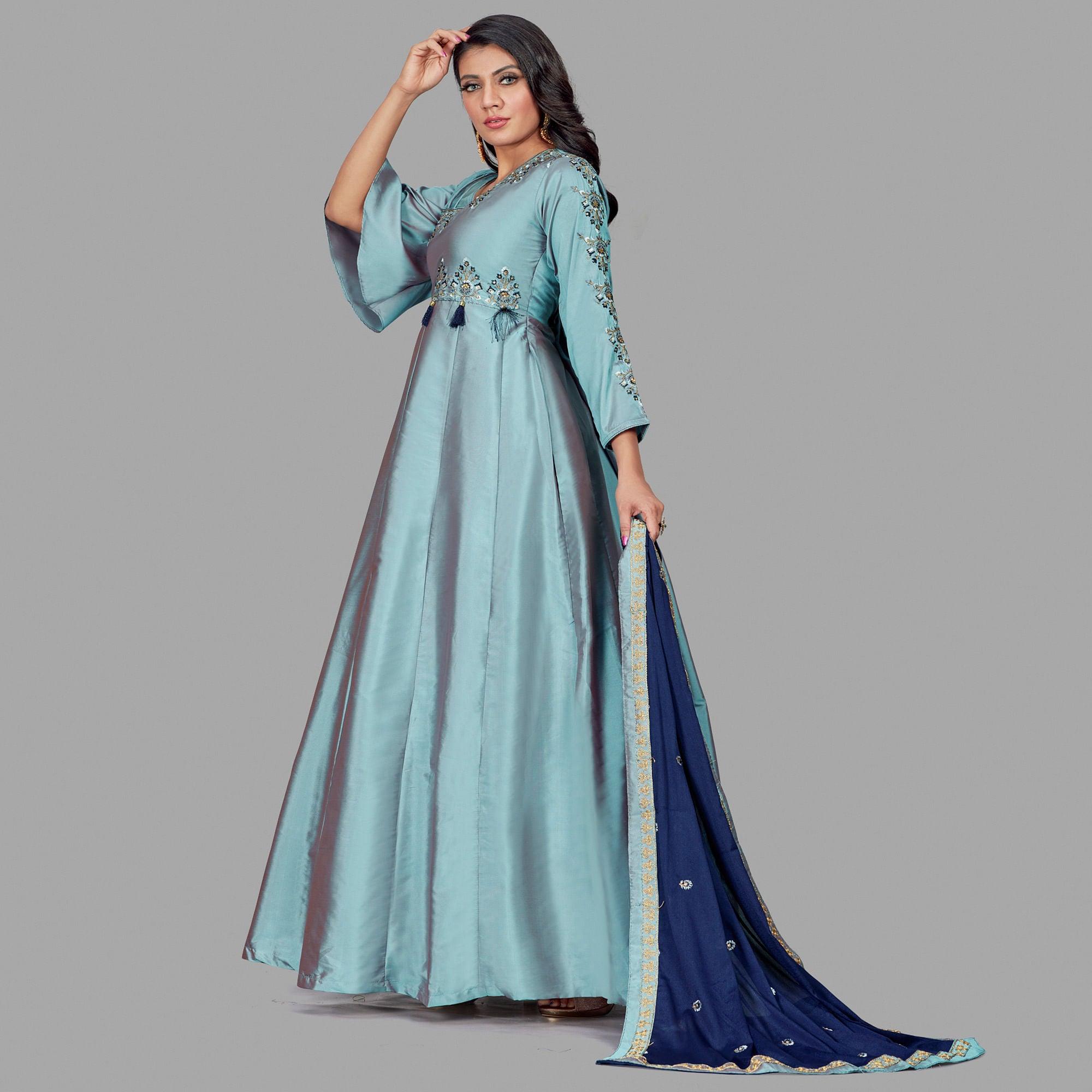 Graceful Blue Colored Embroidered Work Party Wear Heavy Soft Silk Gown - Peachmode