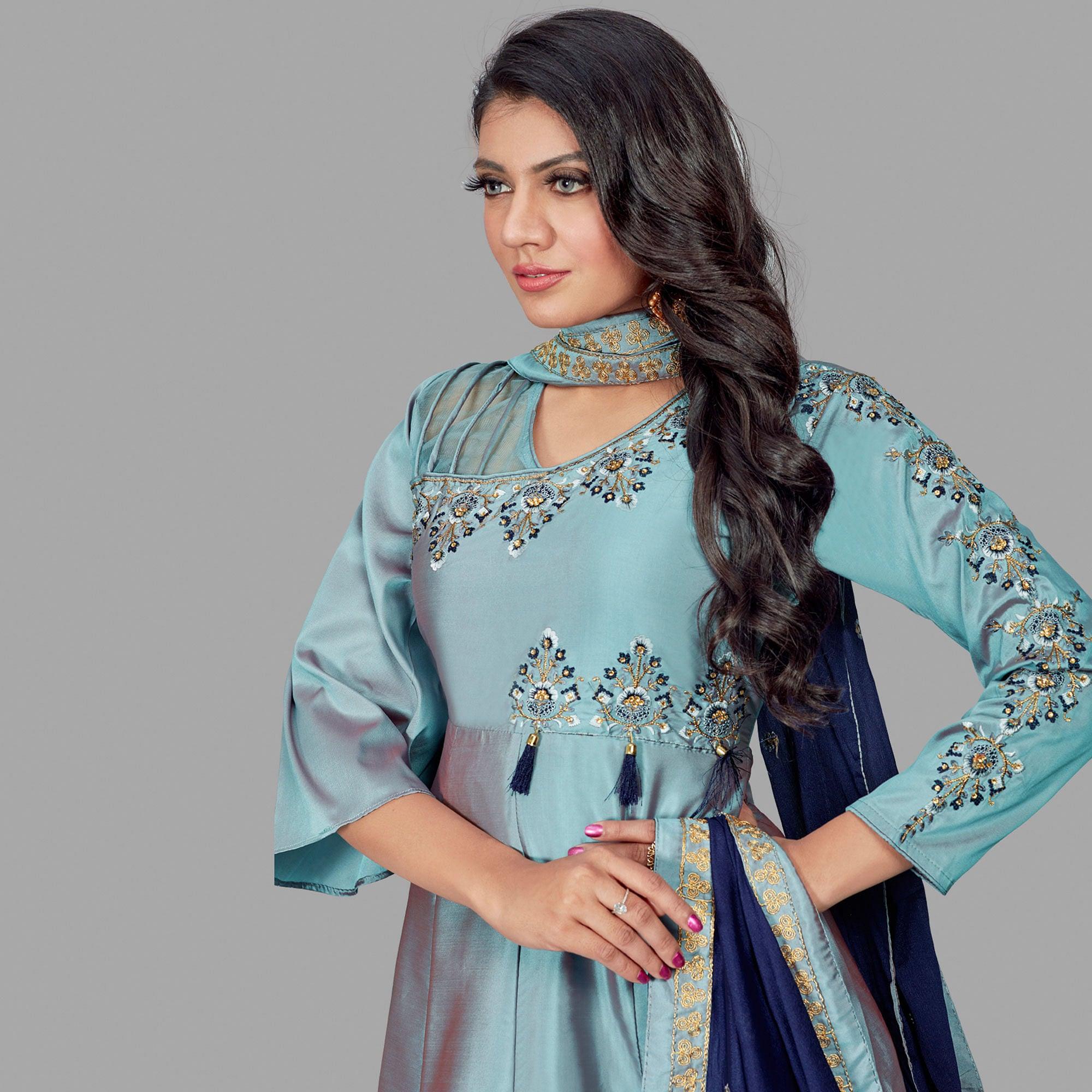 Graceful Blue Colored Embroidered Work Party Wear Heavy Soft Silk Gown - Peachmode