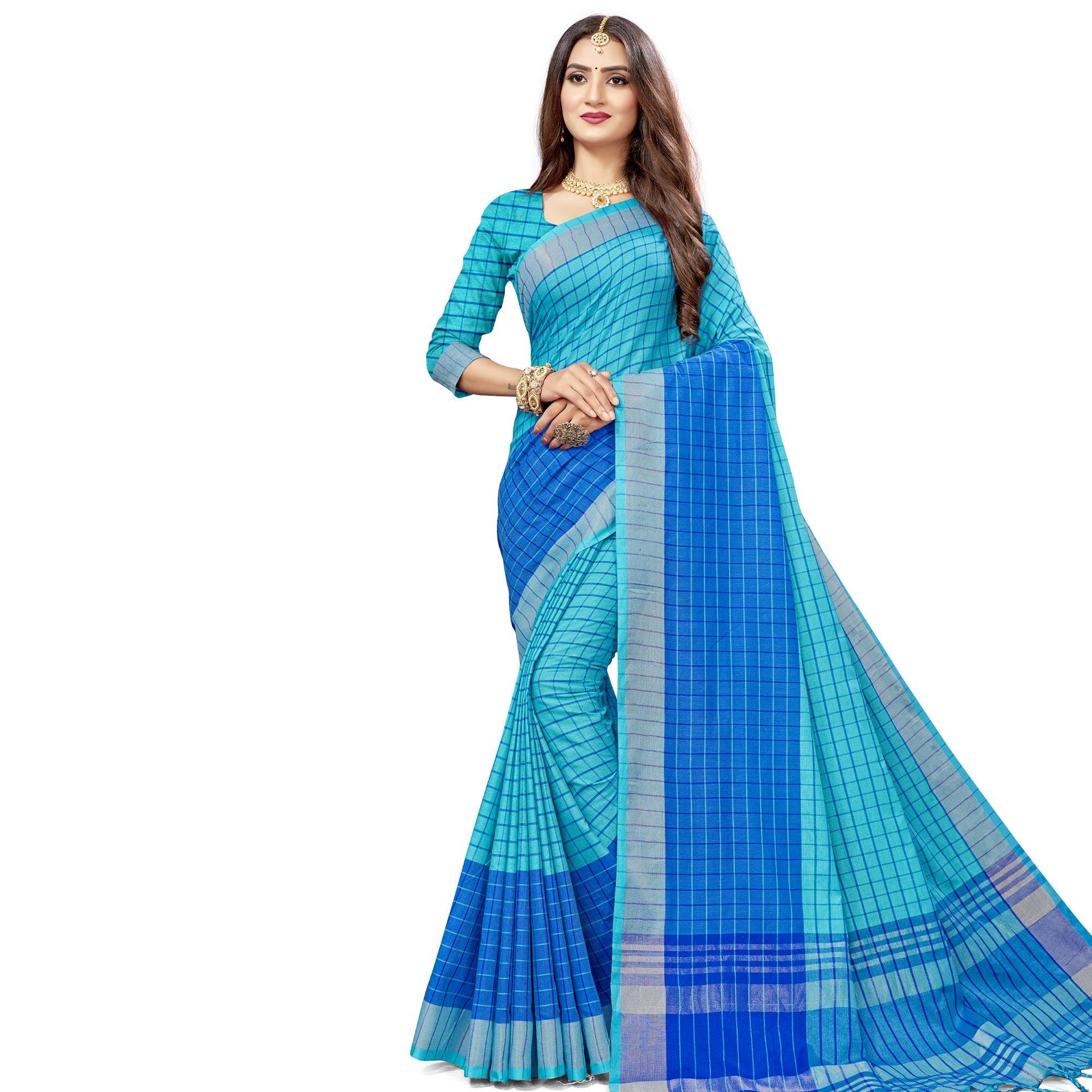 Graceful Blue Colored Fesive Wear Checks Print Cotton Silk Saree With Tassels - Peachmode