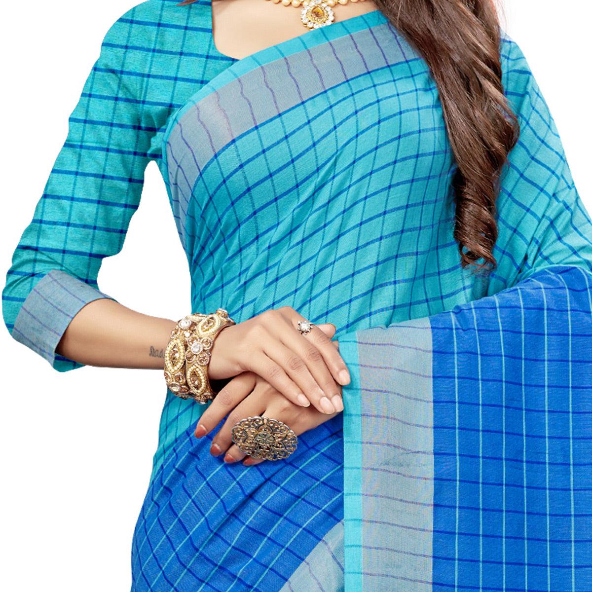 Graceful Blue Colored Fesive Wear Checks Print Cotton Silk Saree With Tassels - Peachmode