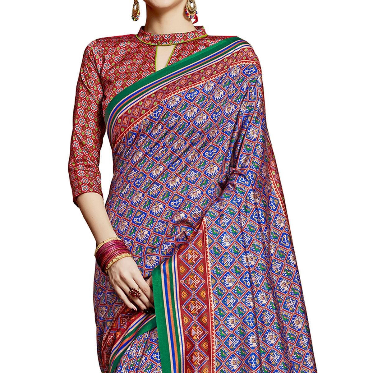 Graceful Blue Colored Festive Wear Printed Silk Saree - Peachmode