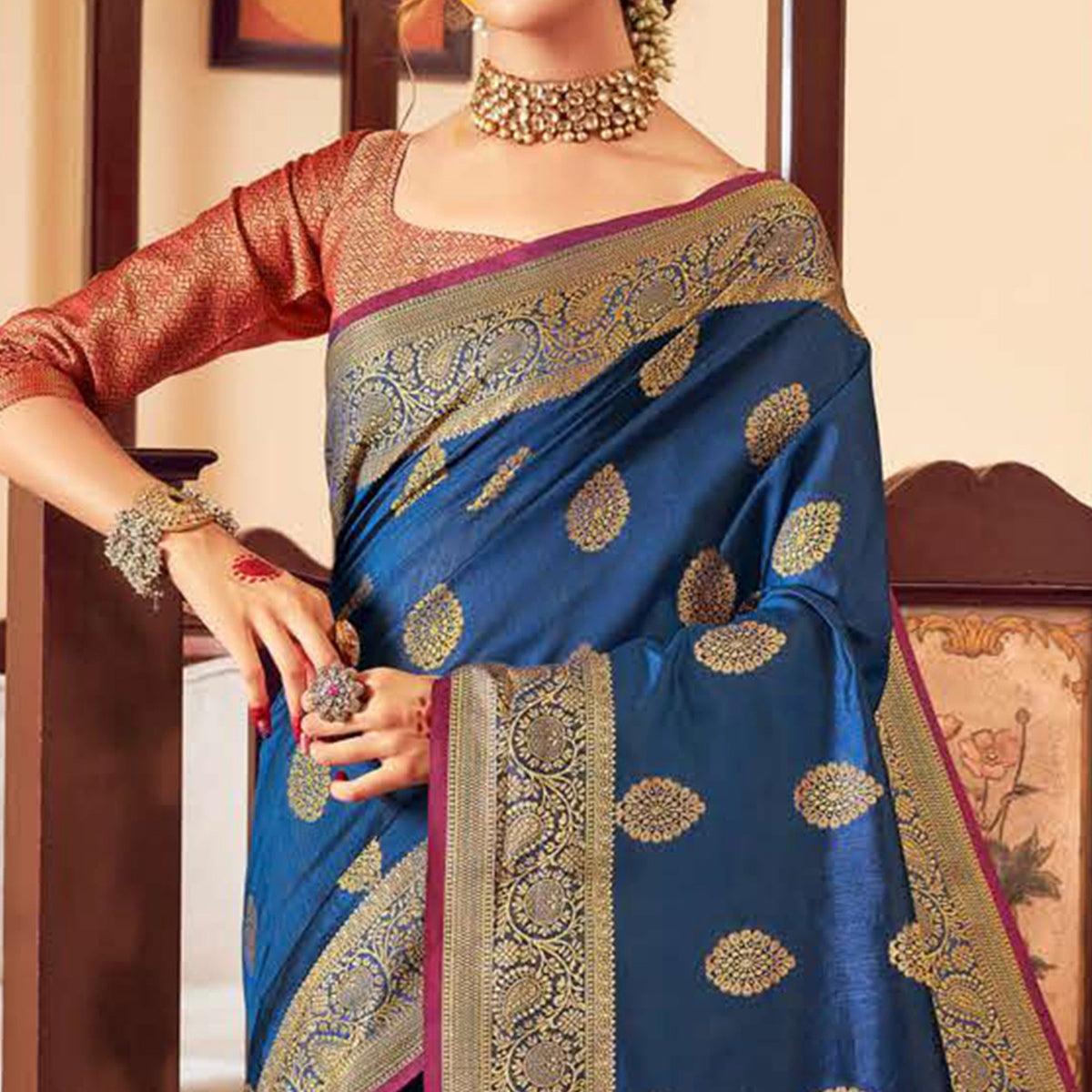 Graceful Blue Colored Festive Wear Woven Handloom Silk Saree - Peachmode