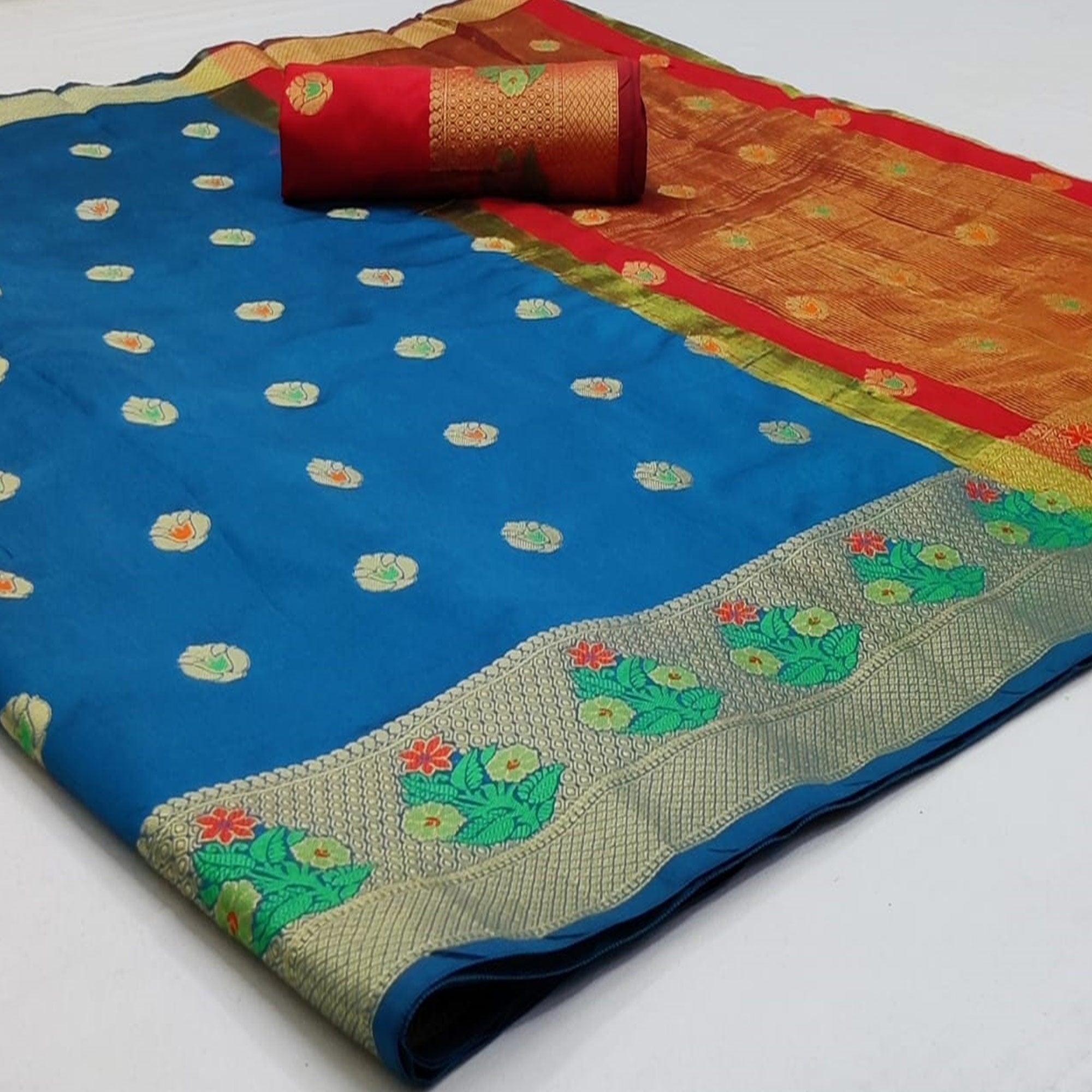 Graceful Blue Colored Festive Wear Woven Soft Silk Saree - Peachmode