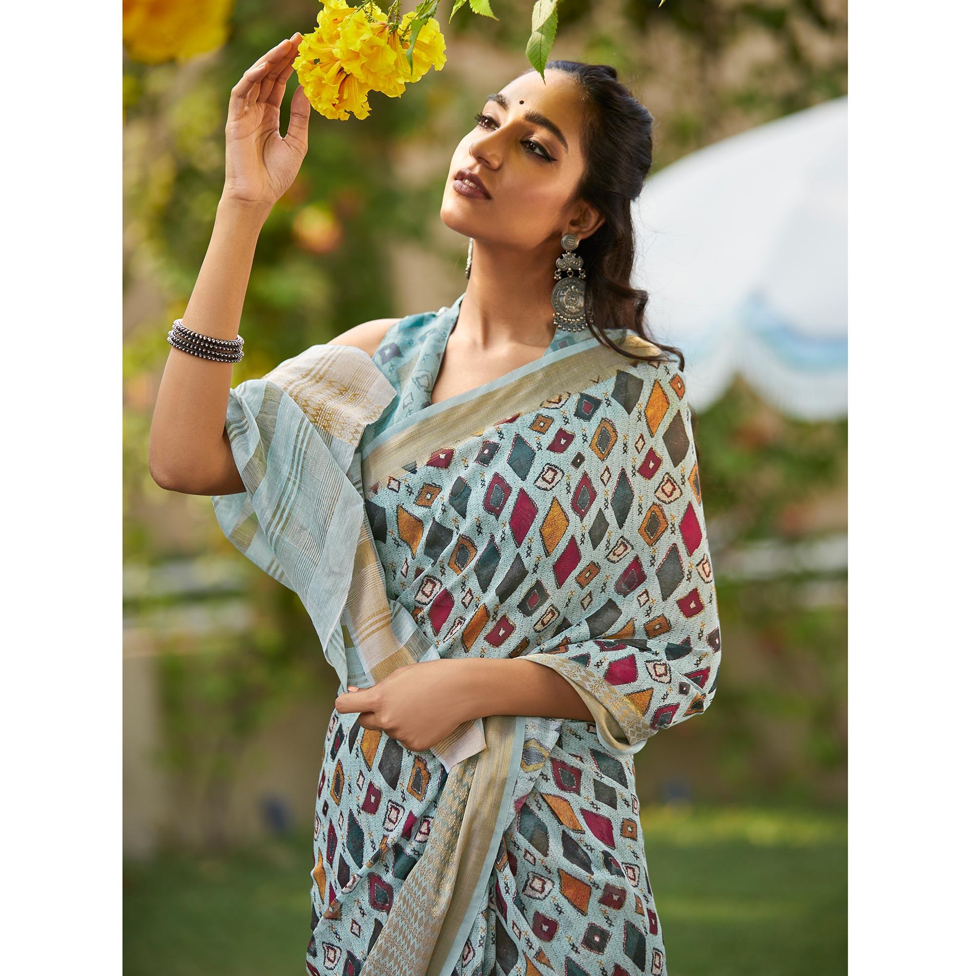 Graceful Blue Colored Party Wear Digital Printed Linen Saree - Peachmode
