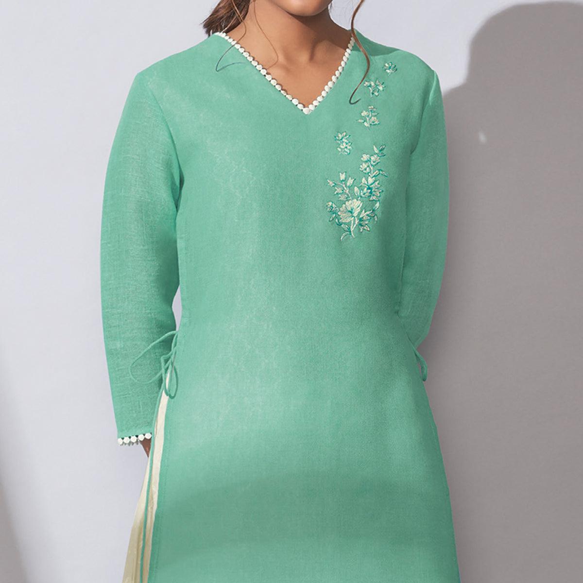 Graceful Blue Colored Party Wear Embroidered Khadi Cotton Kurti-Palazzo Set - Peachmode