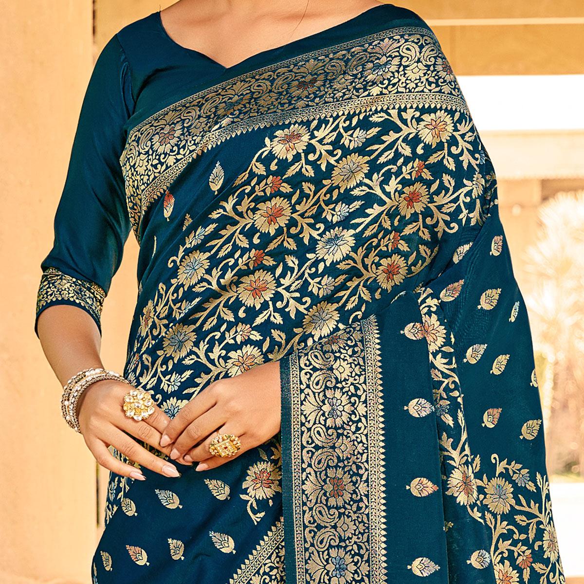 Graceful Blue Coloured Designer Partywear Weaving Silk Saree - Peachmode