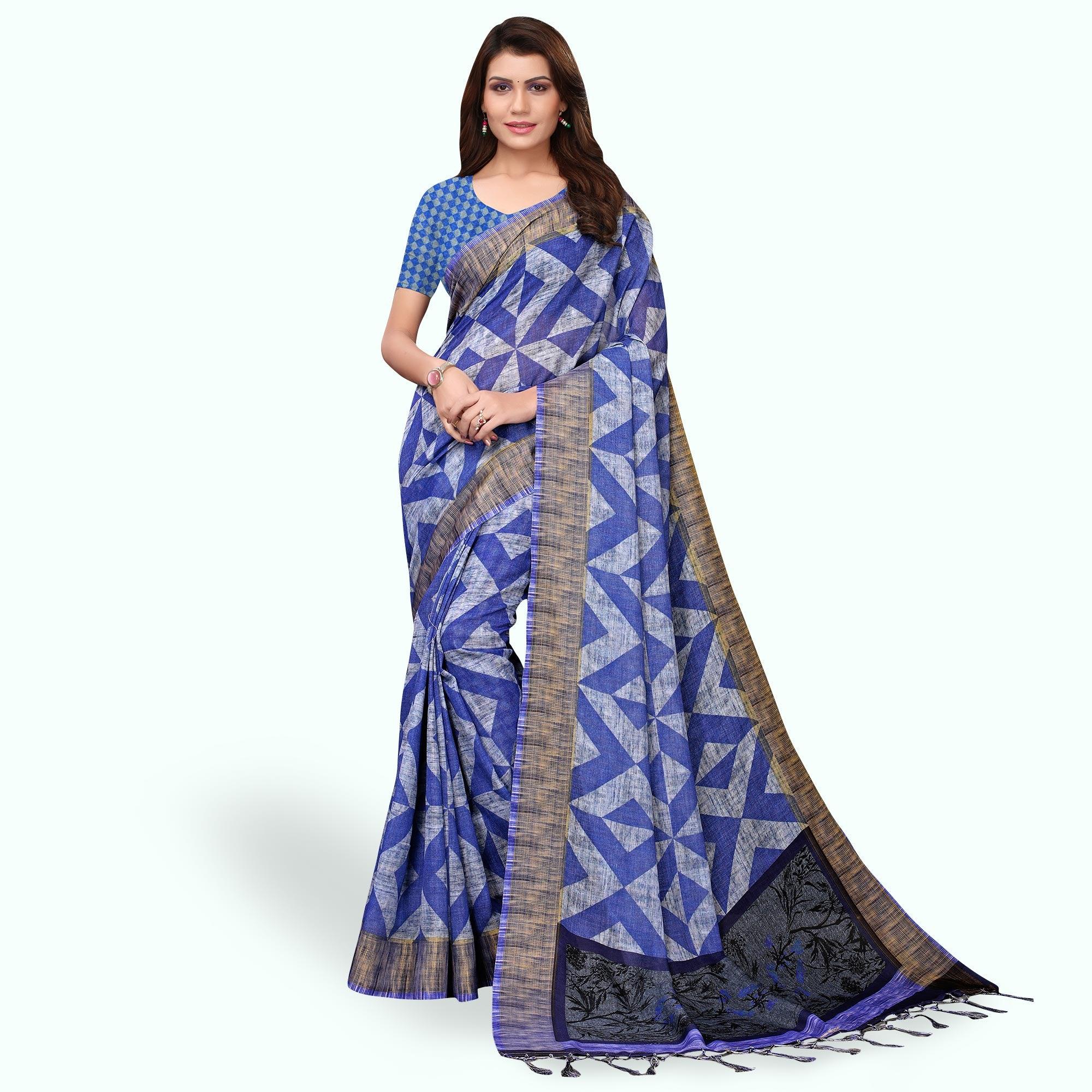 Graceful Blue - Gray Colored Casual Wear Printed Linen Saree - Peachmode