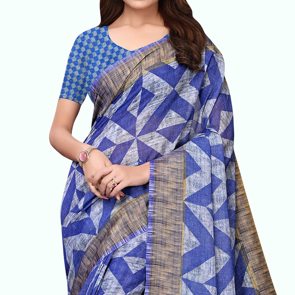 Graceful Blue - Gray Colored Casual Wear Printed Linen Saree - Peachmode
