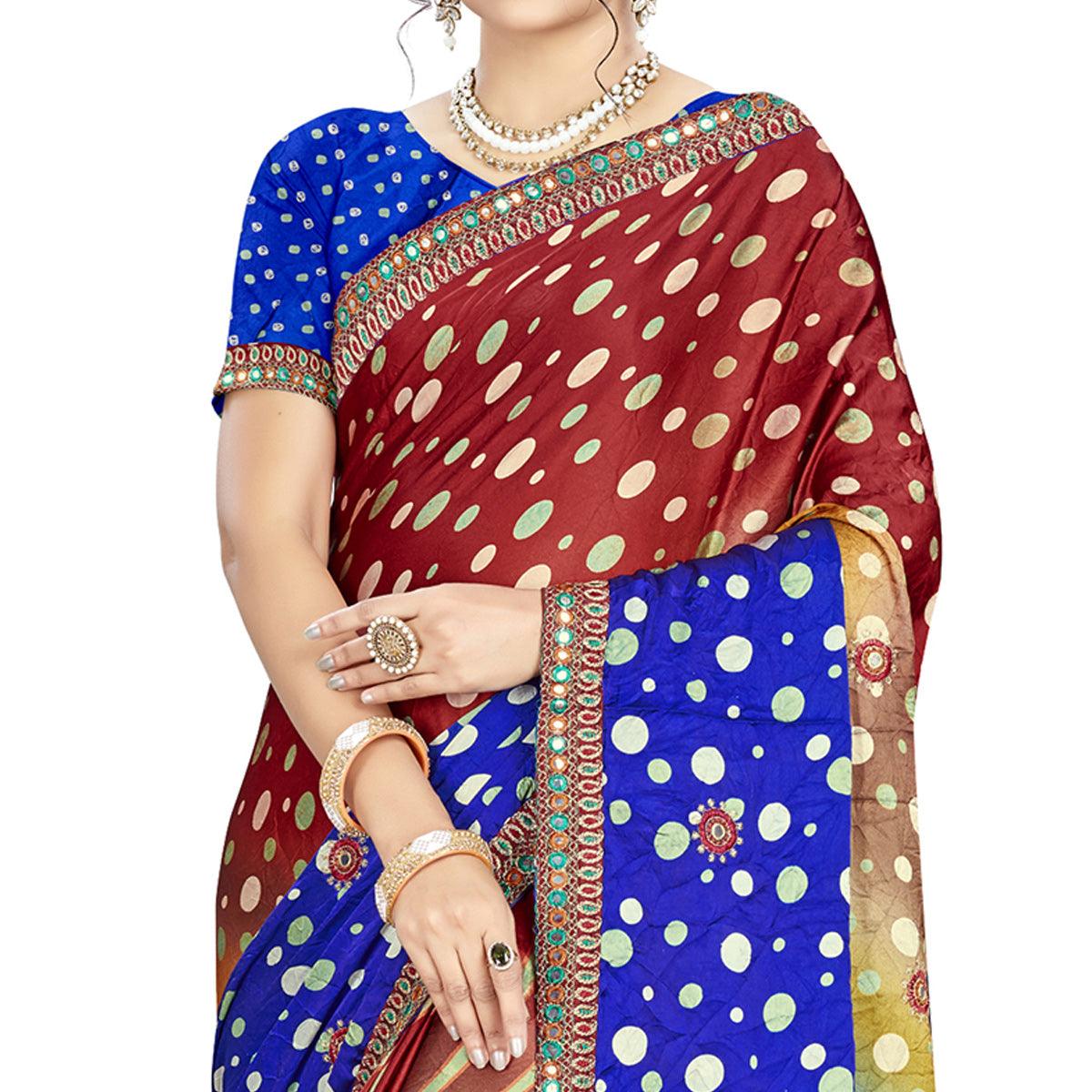 Graceful Brown - Blue Colored Casual Wear Printed Satin Saree - Peachmode