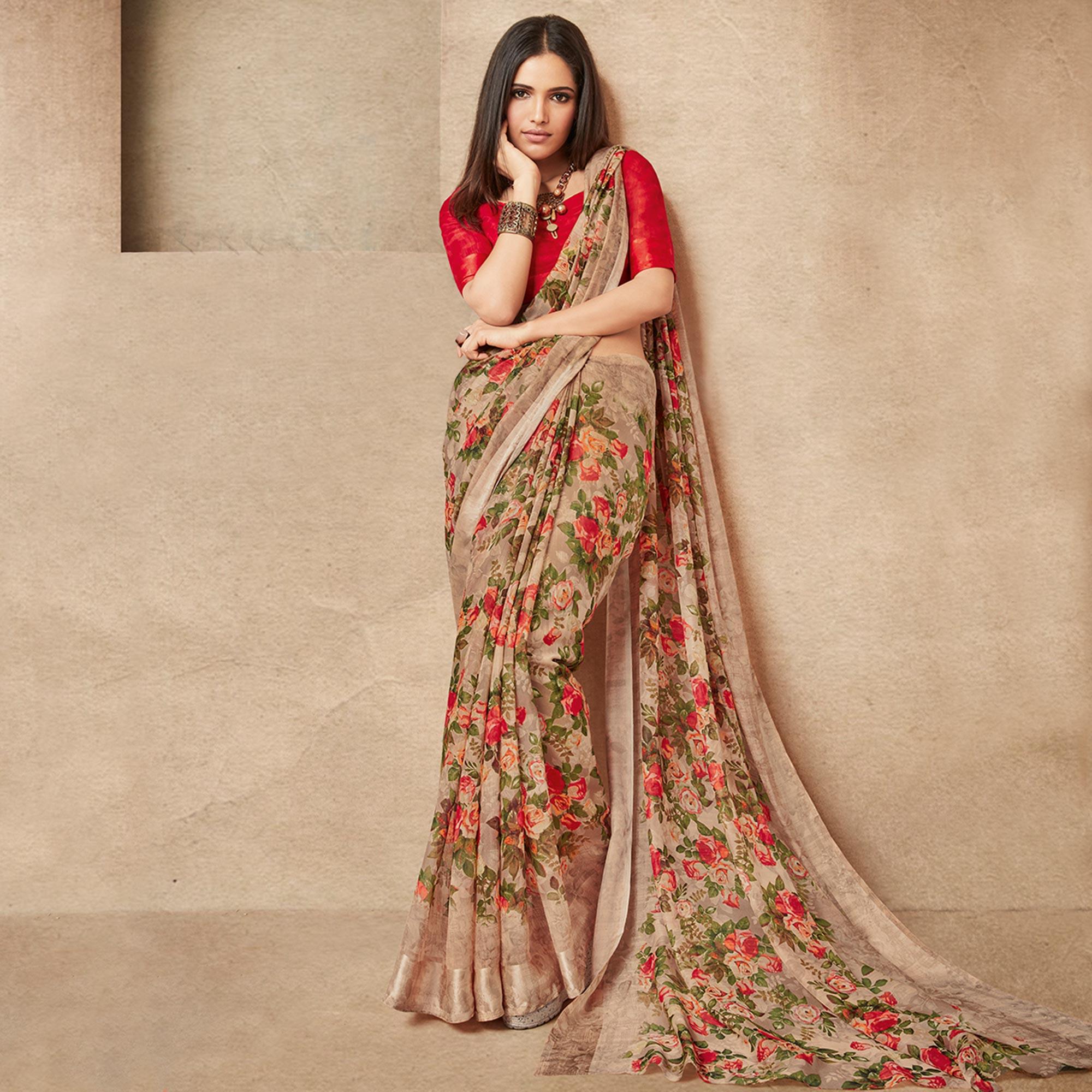 Graceful Brown Colored Casual Wear Printed Cotton Silk Saree - Peachmode