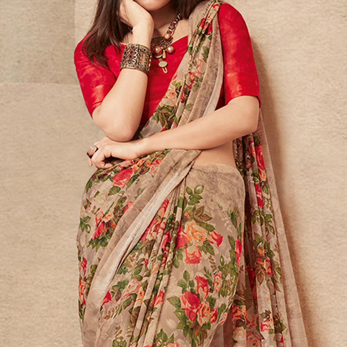 Graceful Brown Colored Casual Wear Printed Cotton Silk Saree - Peachmode