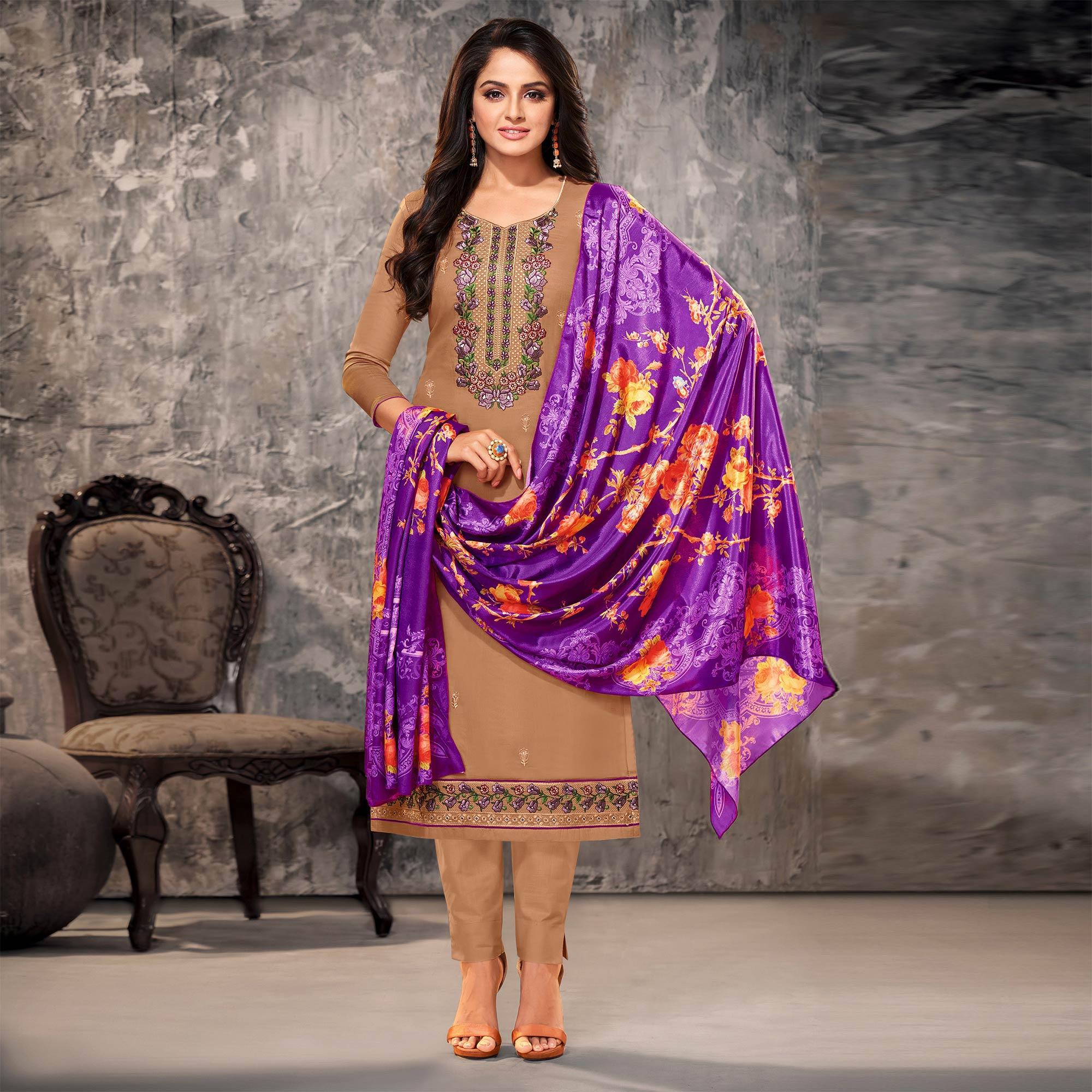 Graceful Brown Colored Partywear Designer Embroidery Cotton Salwar Suit - Peachmode