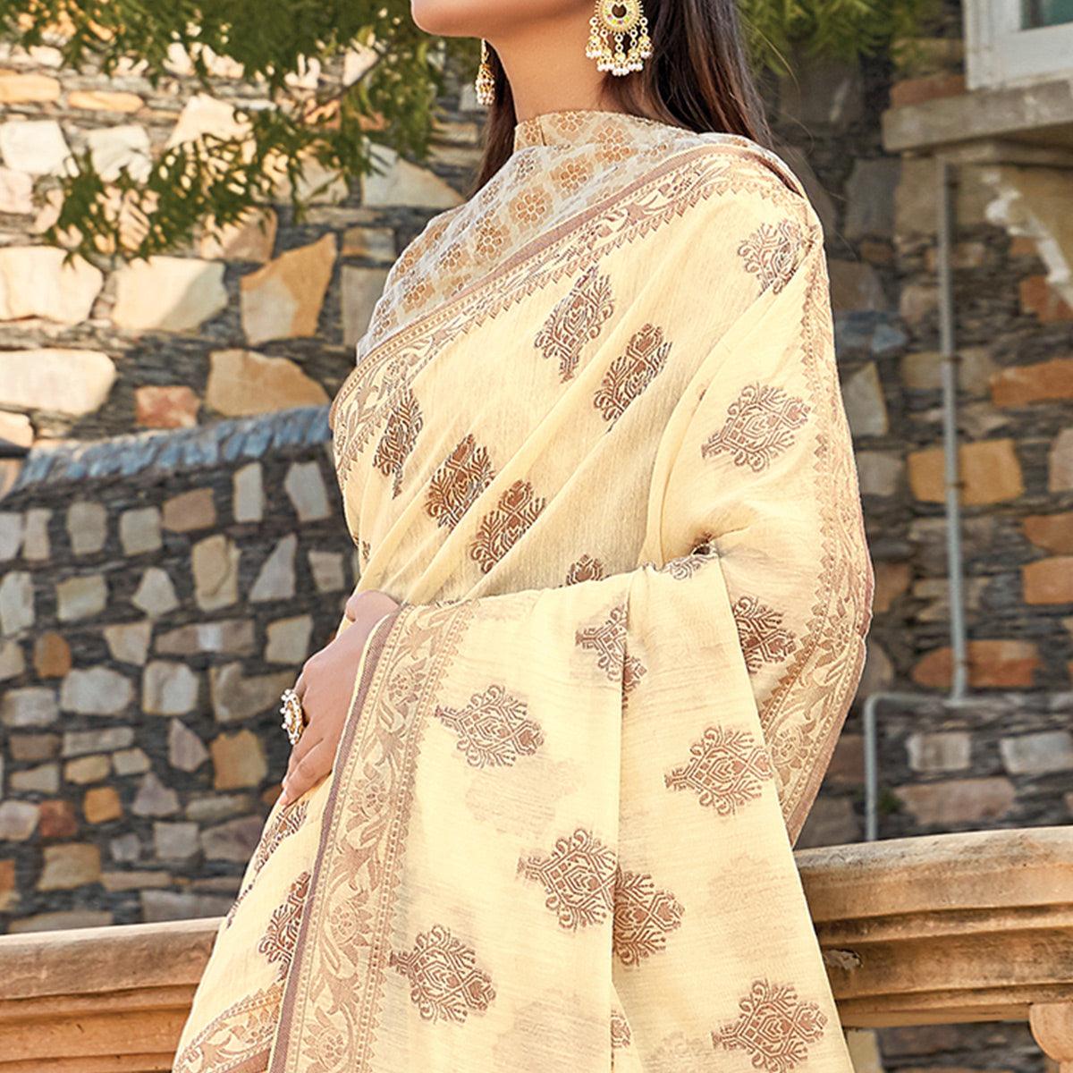 Graceful Cream Colored Festive Wear Woven Cotton Silk Saree - Peachmode