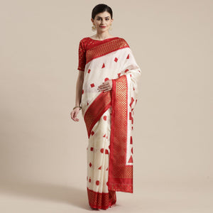 Graceful Cream-Red Colored Festive Wear Geomatric Foli Print Patola Silk Saree - Peachmode