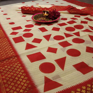 Graceful Cream-Red Colored Festive Wear Geomatric Foli Print Patola Silk Saree - Peachmode