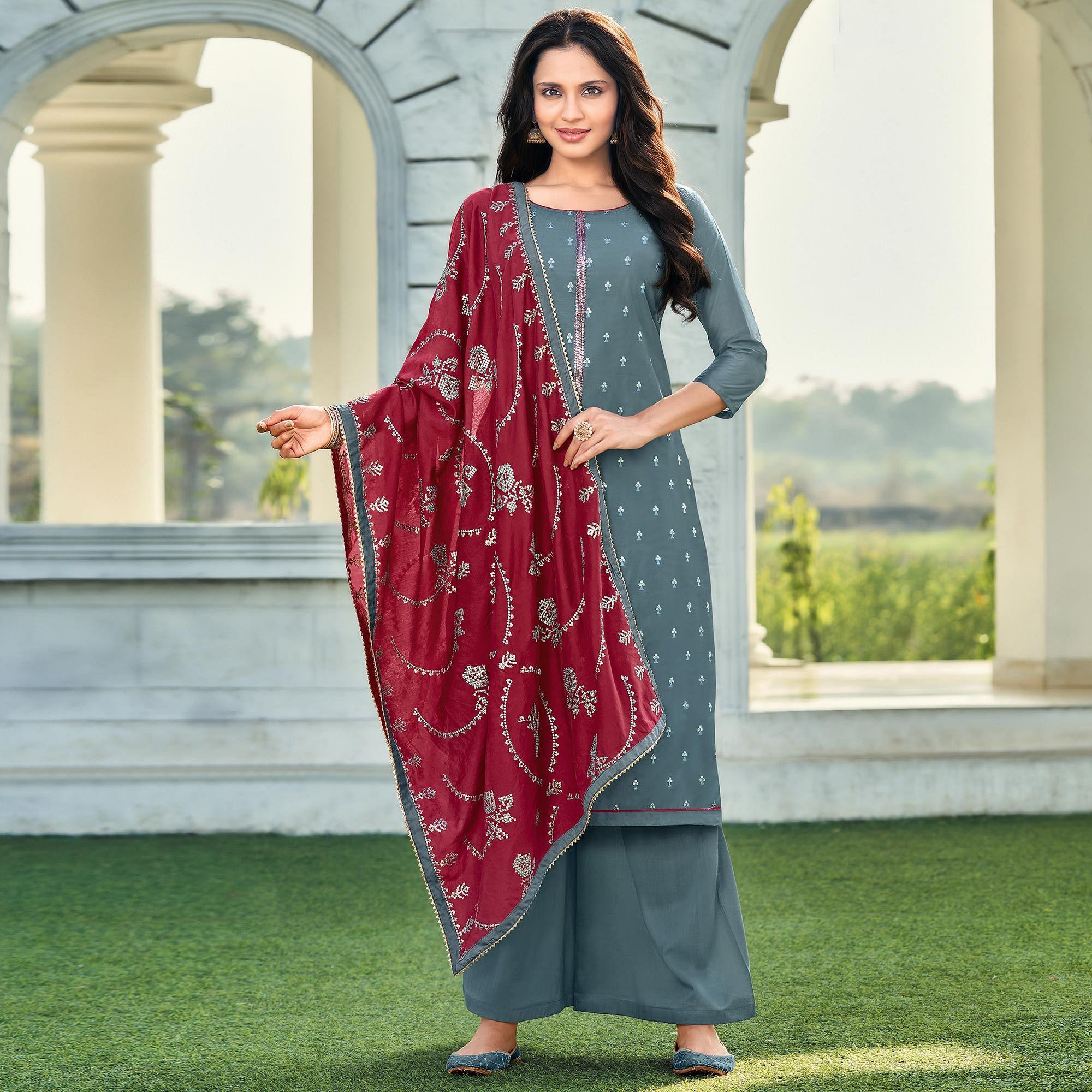 Graceful Dark Grey Colored Festive Wear Embroidered Art Silk Dress Material - Peachmode