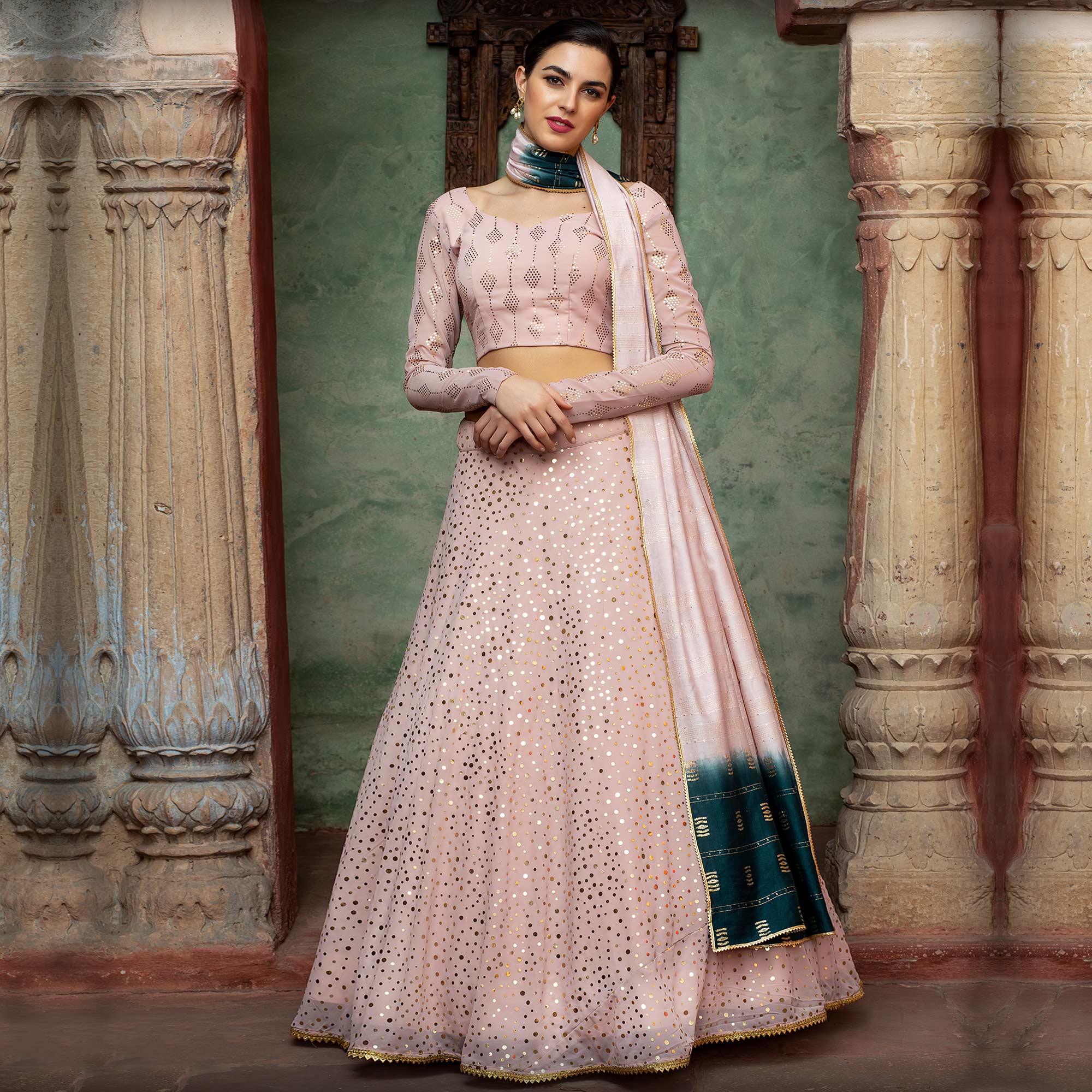Graceful Dusty Pink Coloured Festive Wear Fancy Sequence Work Georgette Lehenga Choli - Peachmode