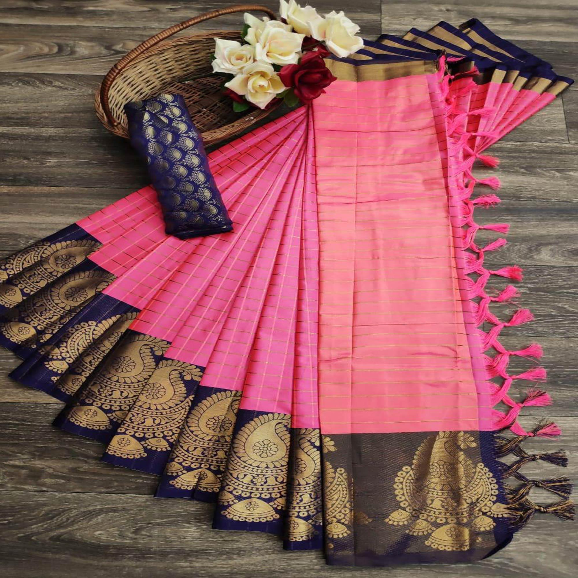 Graceful Gajari Pink Colored Festive Wear Woven Soft Cotton Silk Saree - Peachmode