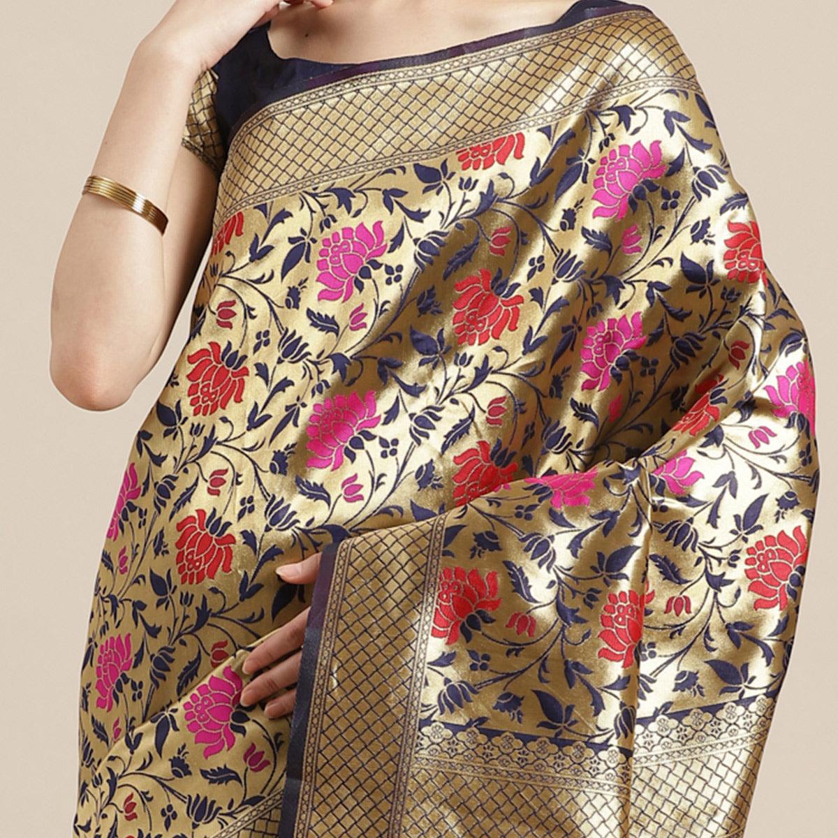 Graceful Gold-Blue Colored Festive Wear Woven Silk Blend Saree - Peachmode