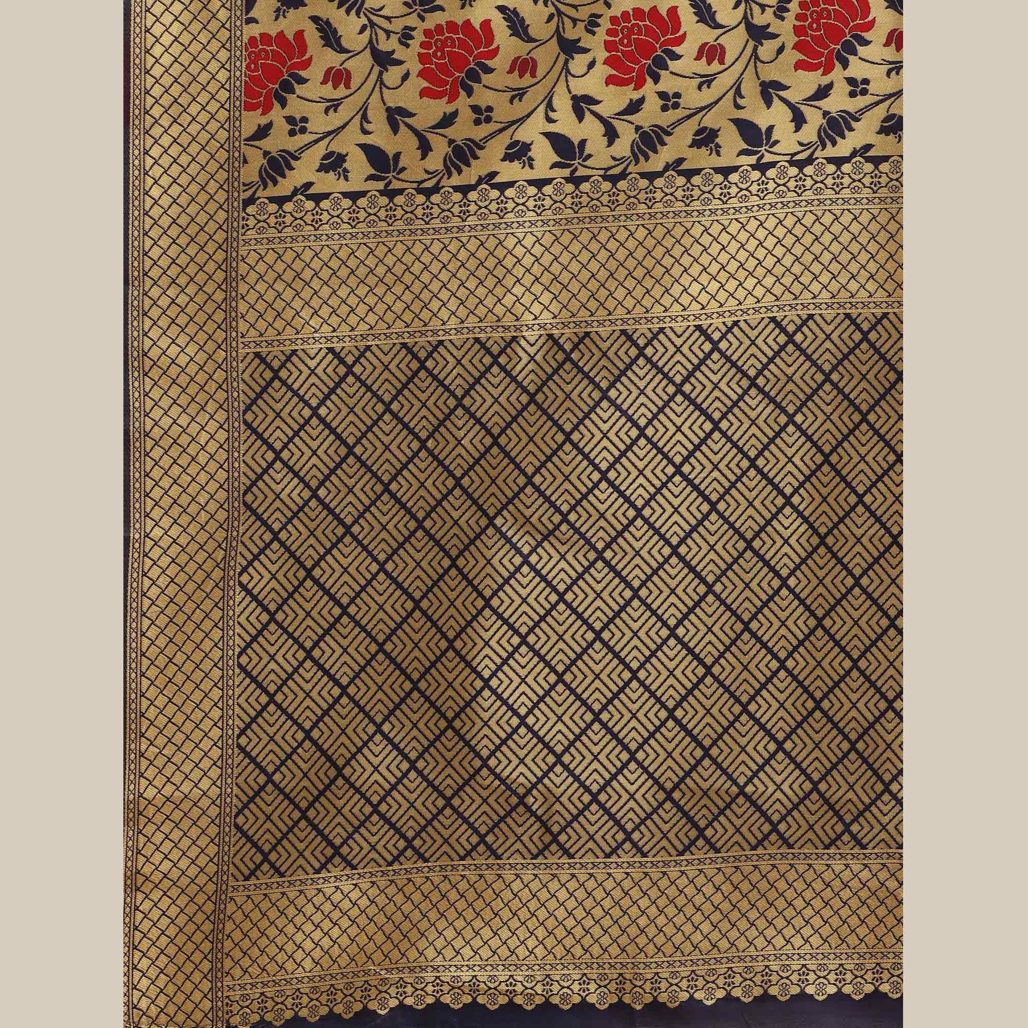 Graceful Gold-Blue Colored Festive Wear Woven Silk Blend Saree - Peachmode