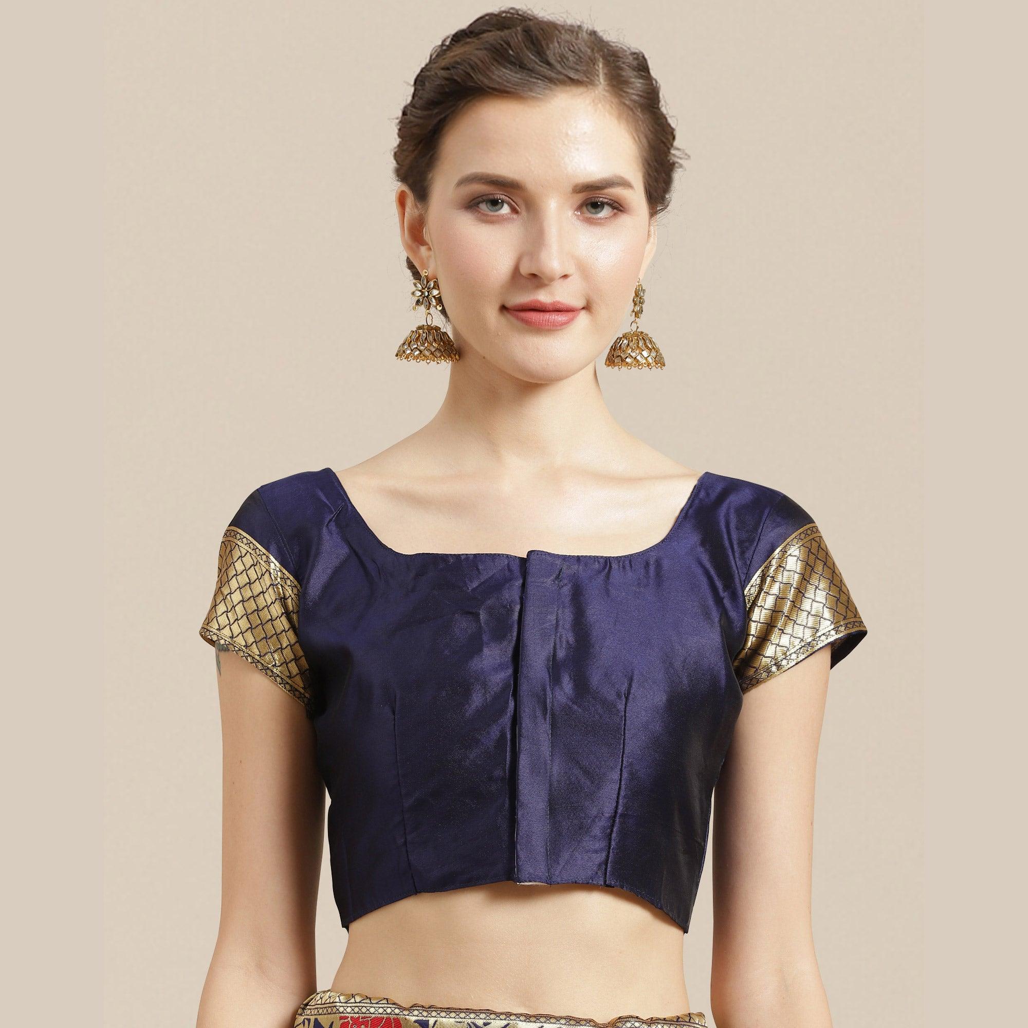 Graceful Gold-Blue Colored Festive Wear Woven Silk Blend Saree - Peachmode
