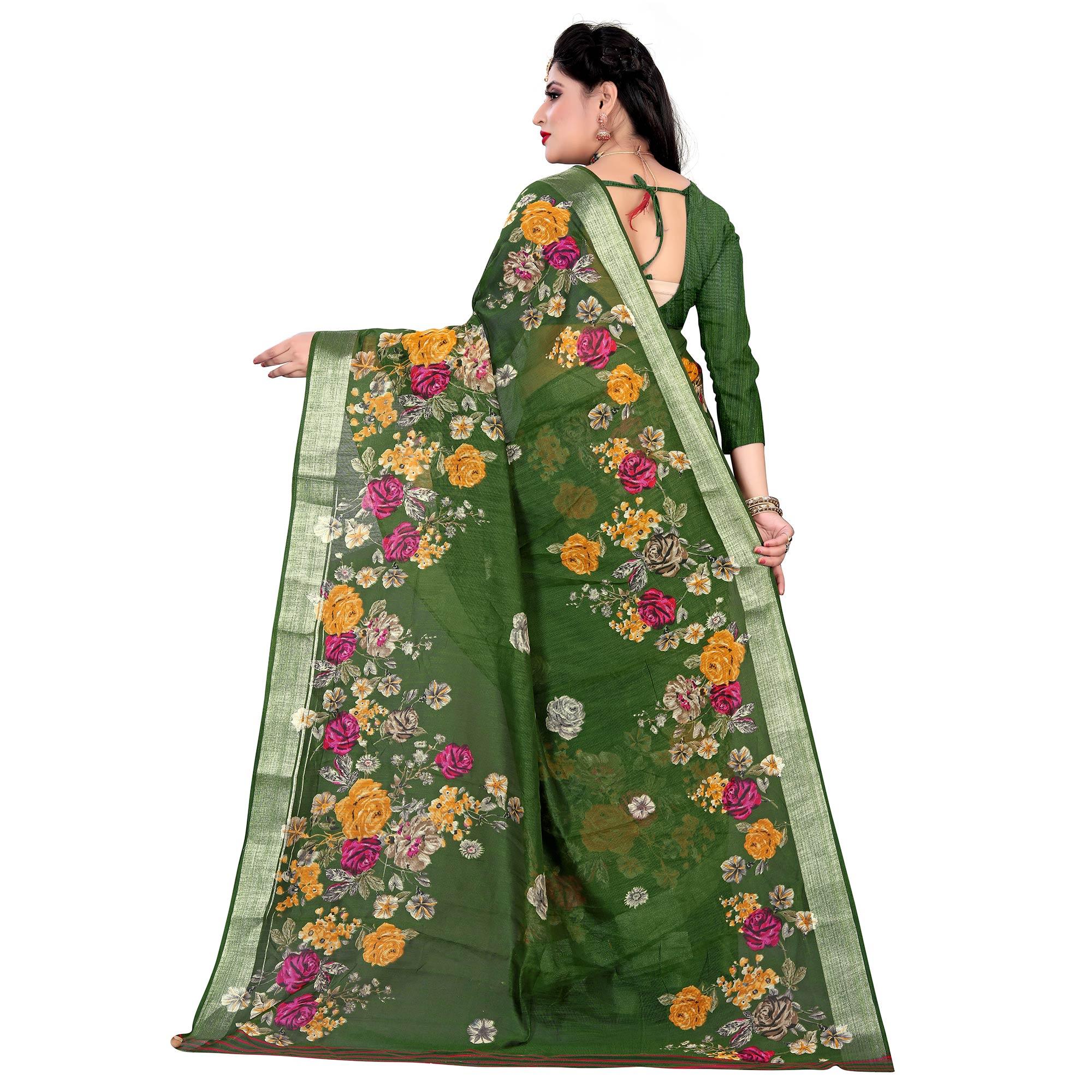 Graceful Green Colored Casual Floral Printed Linen Saree - Peachmode