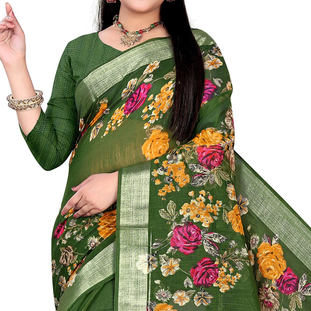 Graceful Green Colored Casual Floral Printed Linen Saree - Peachmode