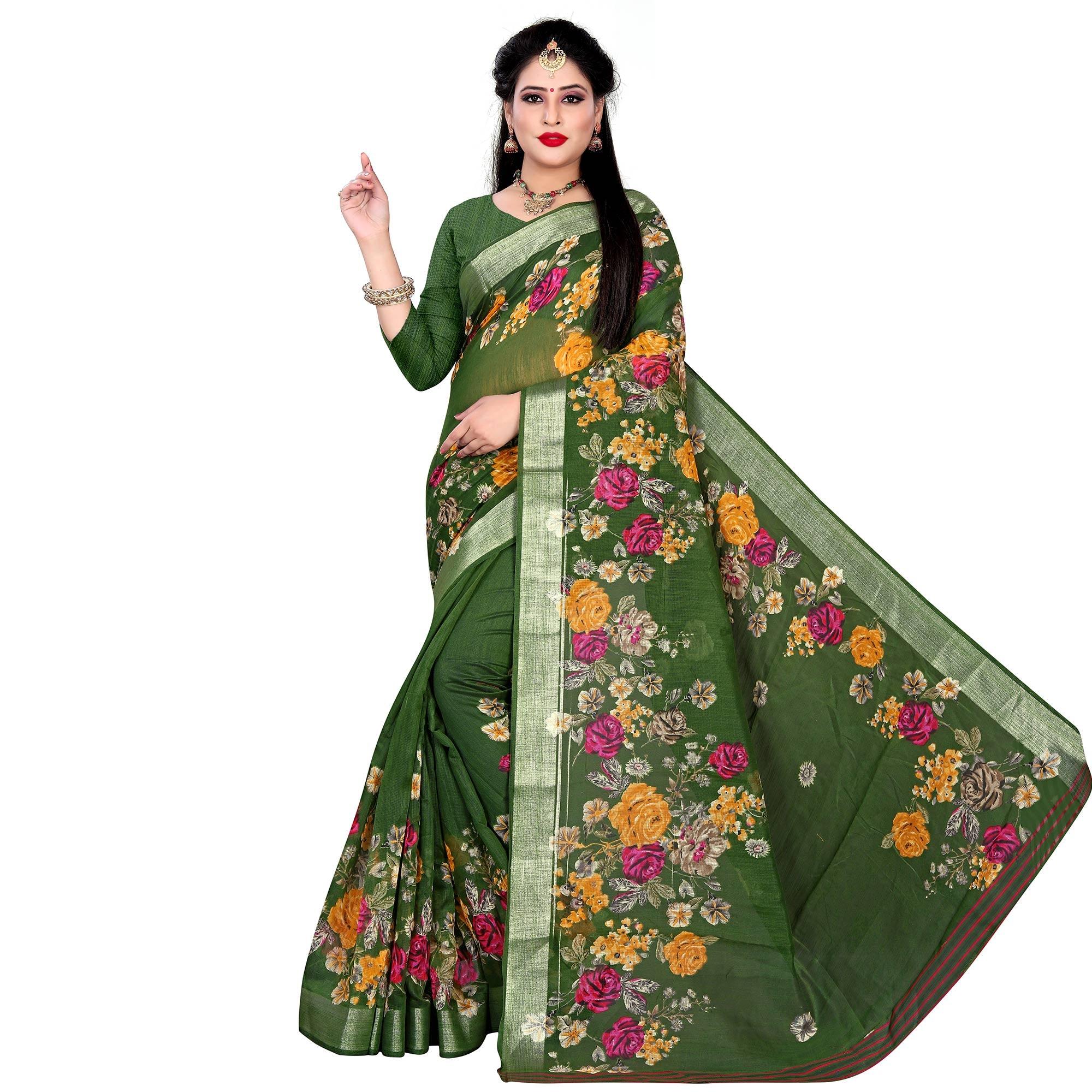 Graceful Green Colored Casual Floral Printed Linen Saree - Peachmode