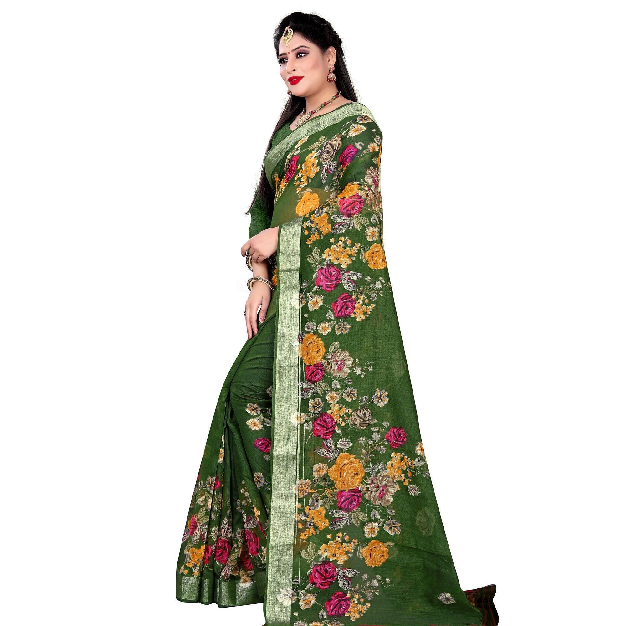 Graceful Green Colored Casual Floral Printed Linen Saree - Peachmode