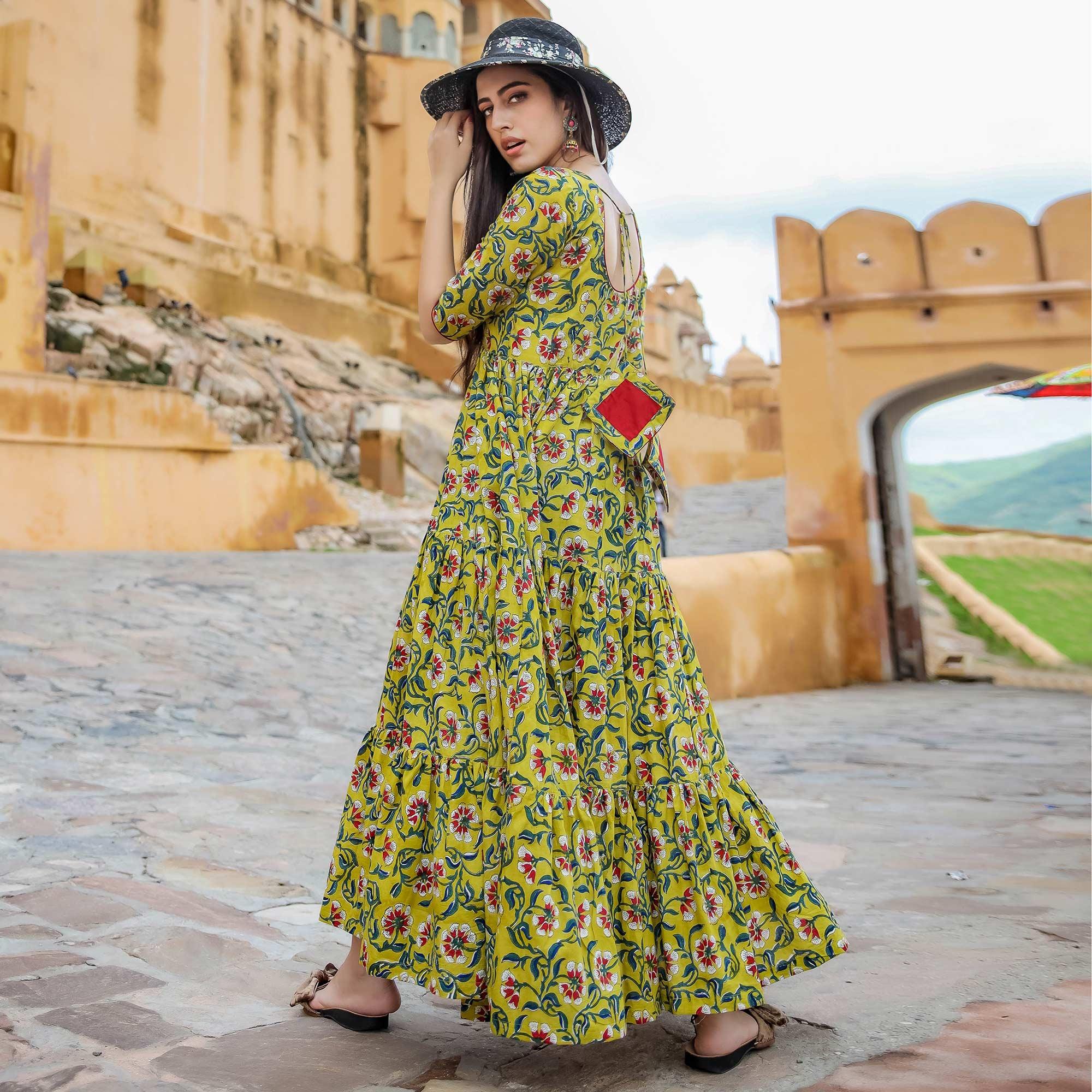 Graceful Green Colored Casual Wear Digital Floral Printed Cotton Gown With Matching Mask - Peachmode