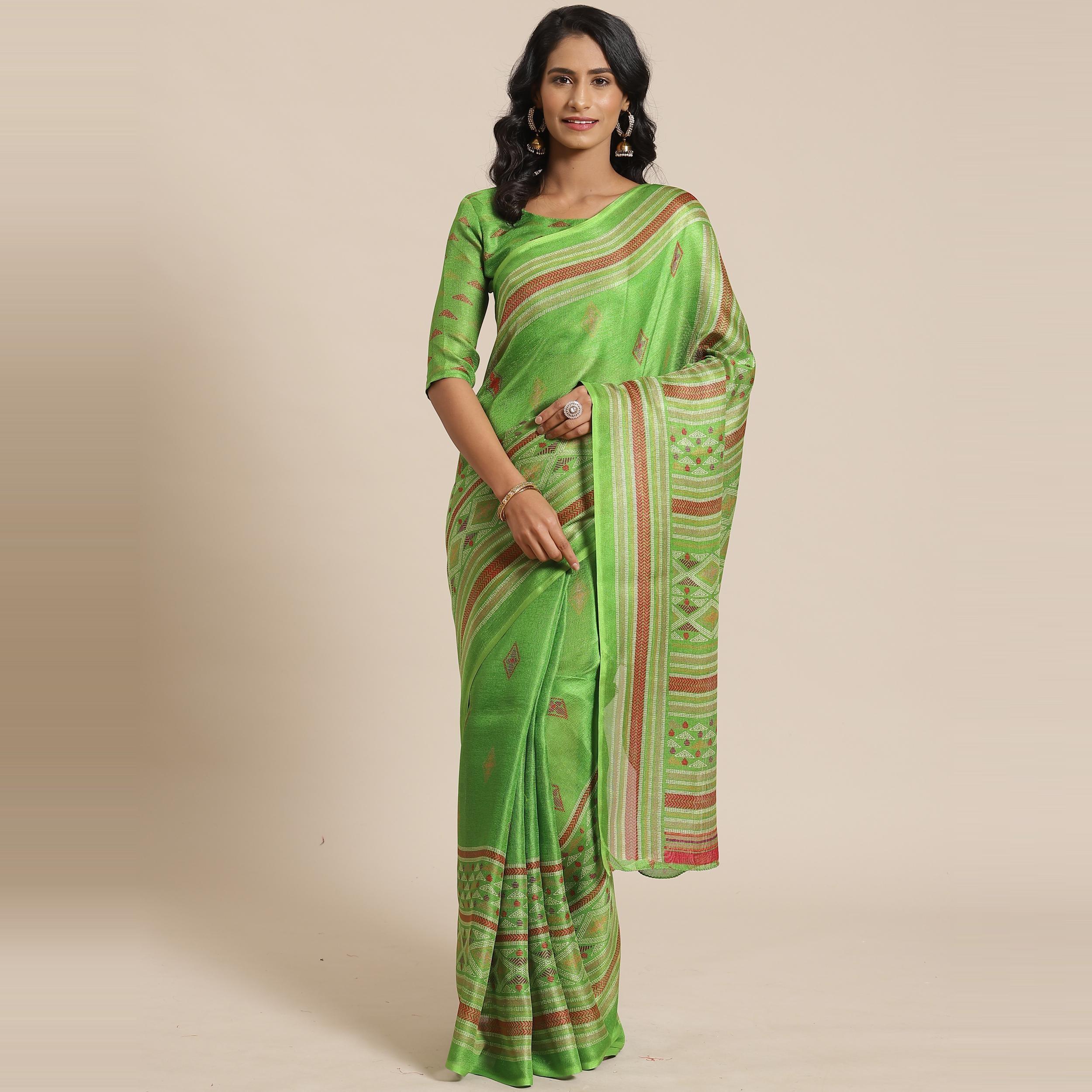 Graceful Green Colored Casual Wear Printed Jute Silk Saree - Peachmode