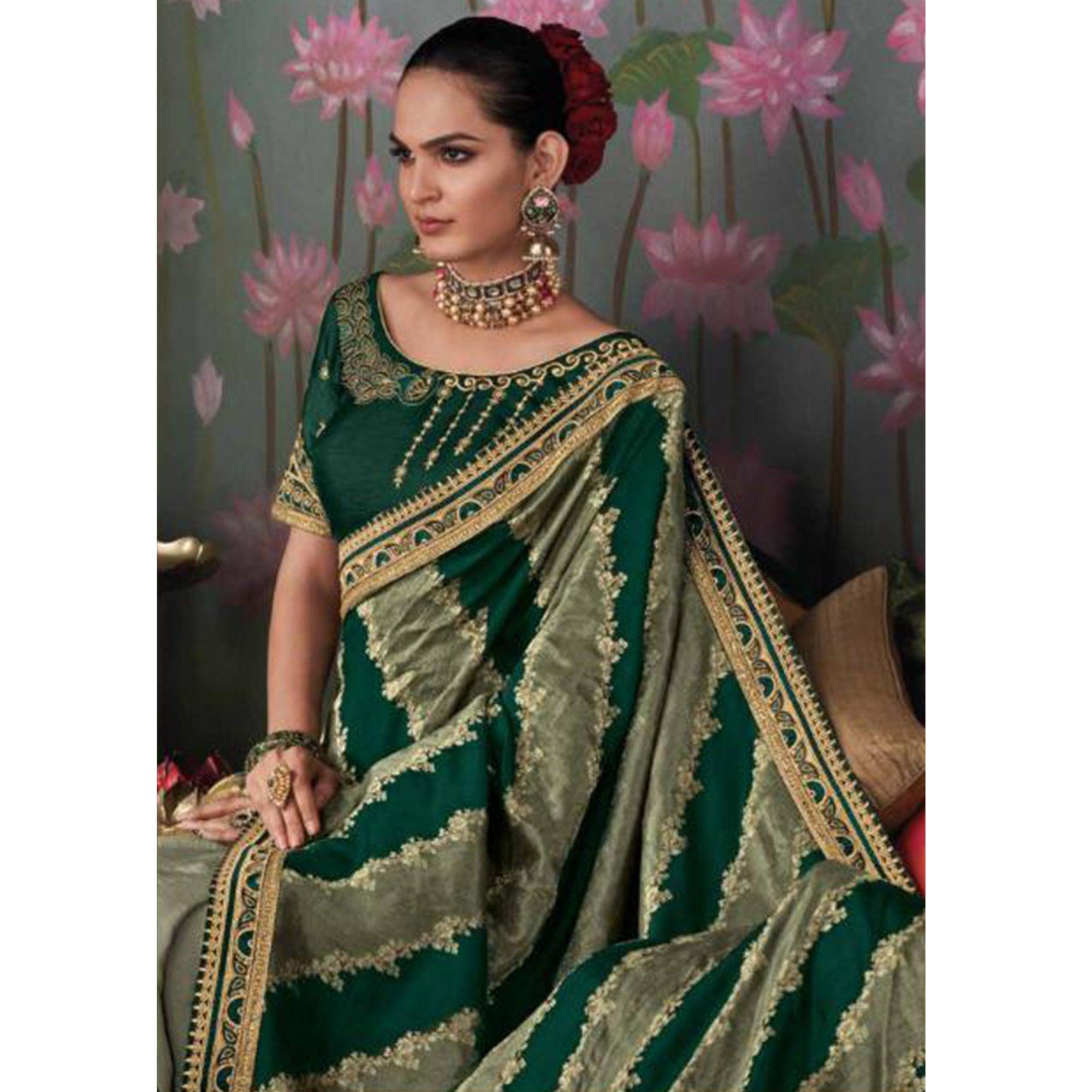 Graceful Green Colored Festive Wear Embroidered Heavy Border Silk Saree - Peachmode