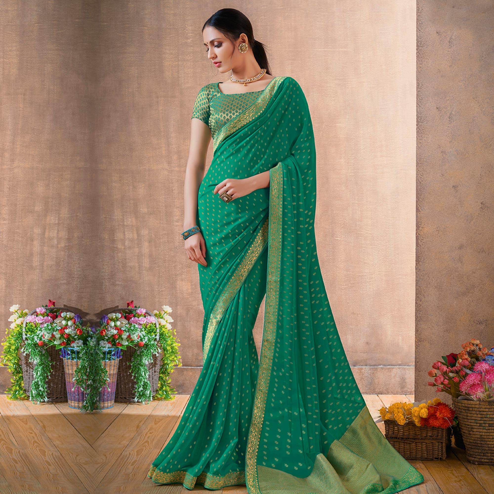 Graceful Green Colored Festive Wear Foil Printed Georgette Saree - Peachmode