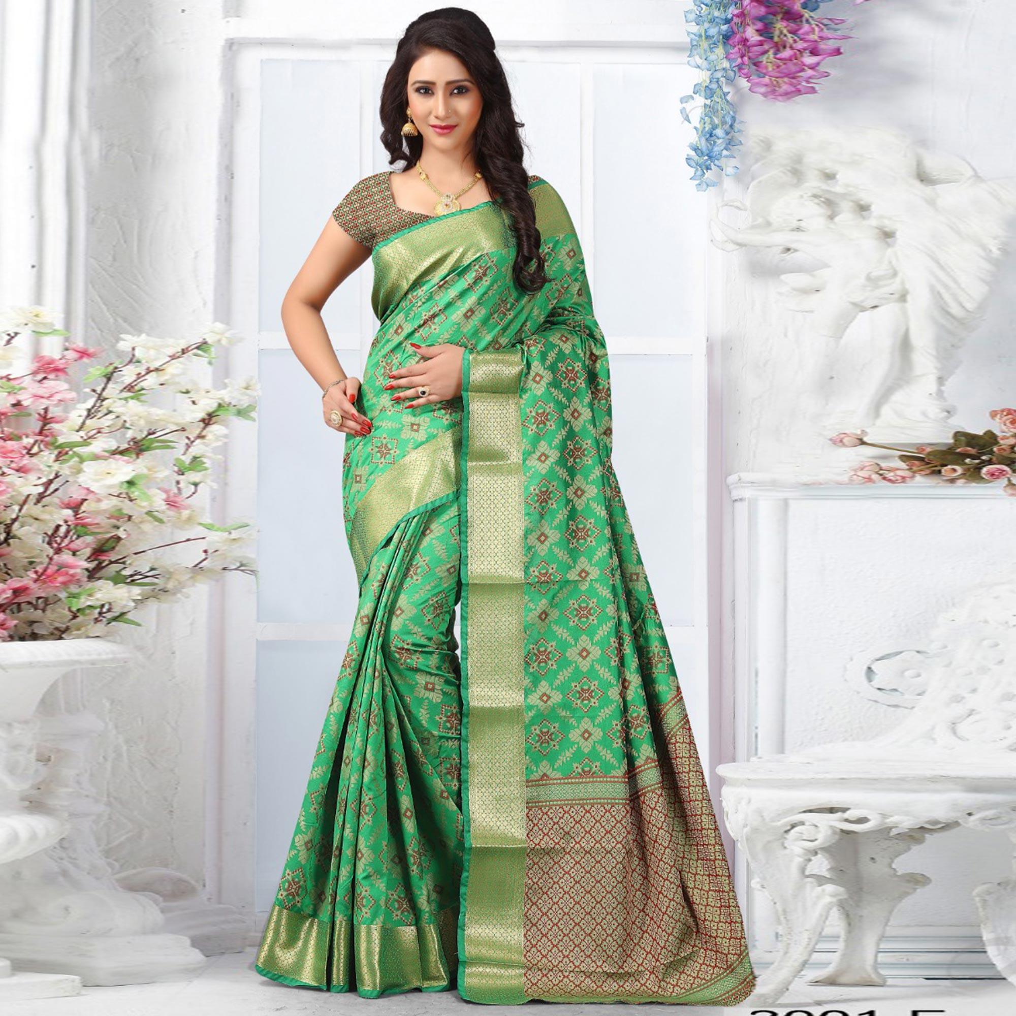 Graceful Green Colored Festive Wear Woven Banarasi Silk Saree - Peachmode