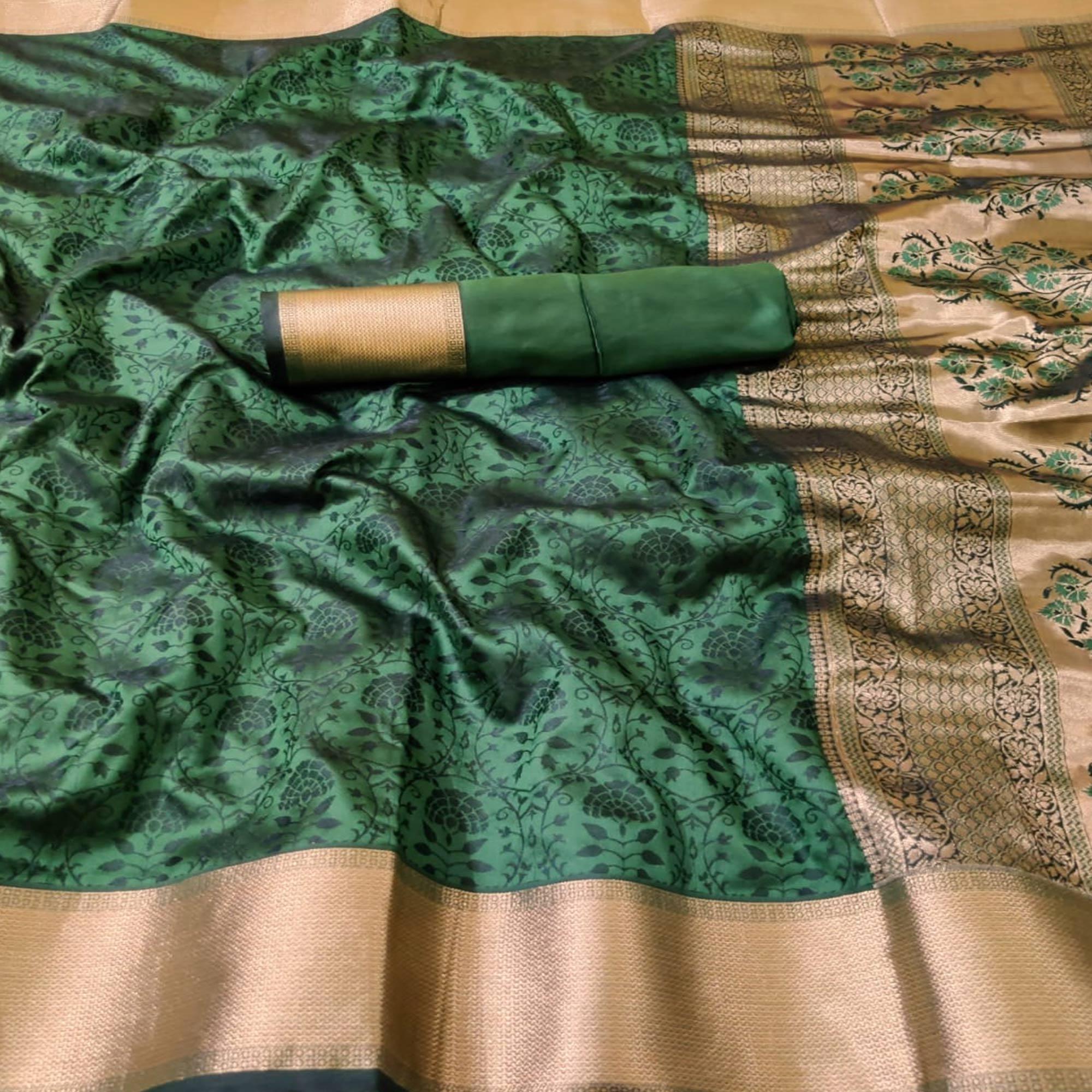 Graceful Green Colored Festive Wear Woven Heavy Silk Saree - Peachmode