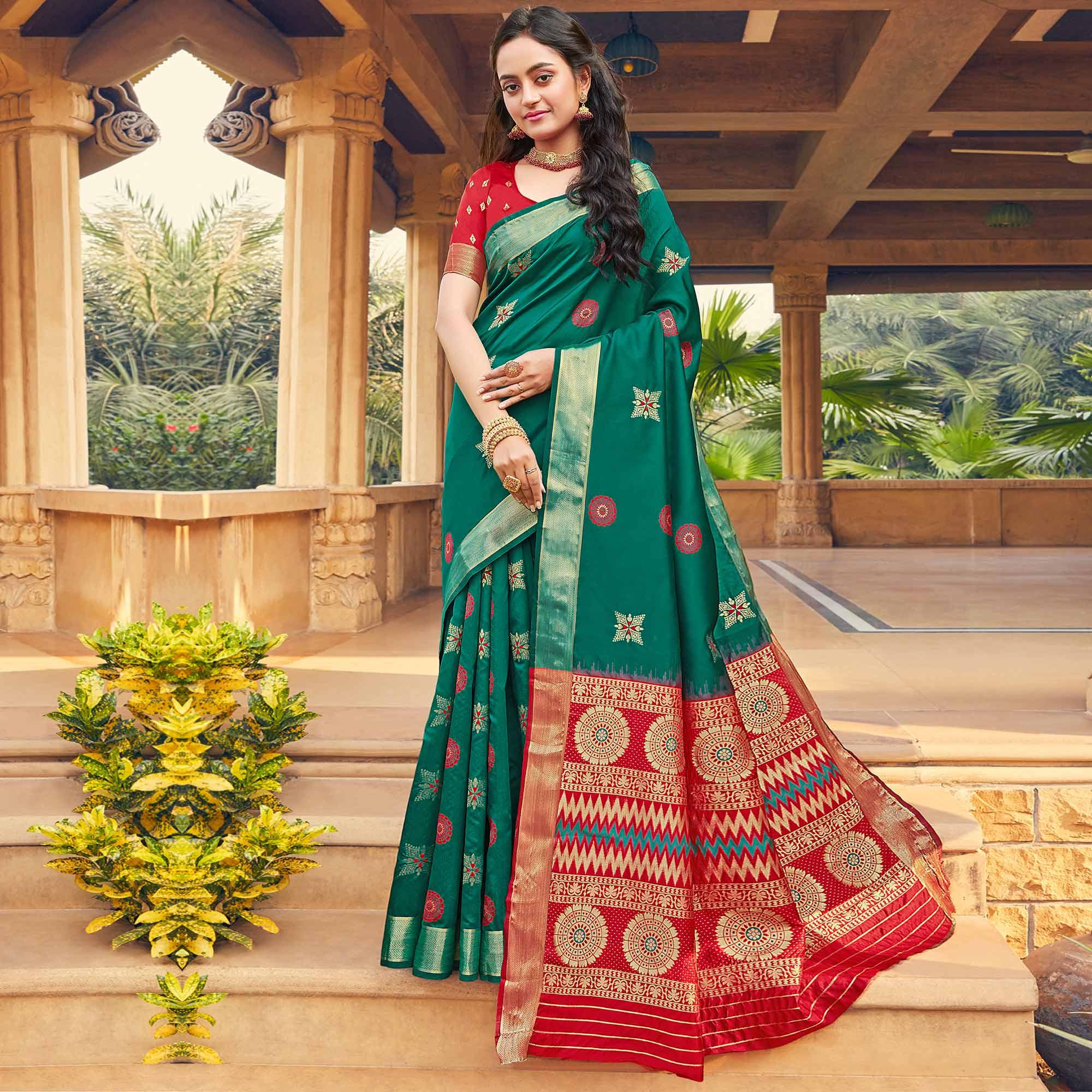 Graceful Green Colored Festive Wear Woven Silk Saree - Peachmode