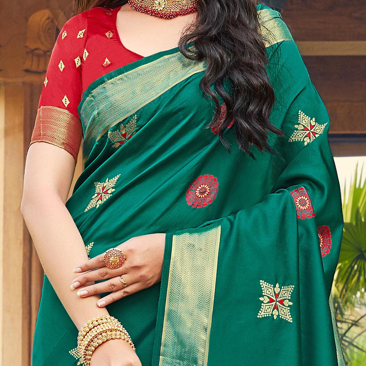 Graceful Green Colored Festive Wear Woven Silk Saree - Peachmode