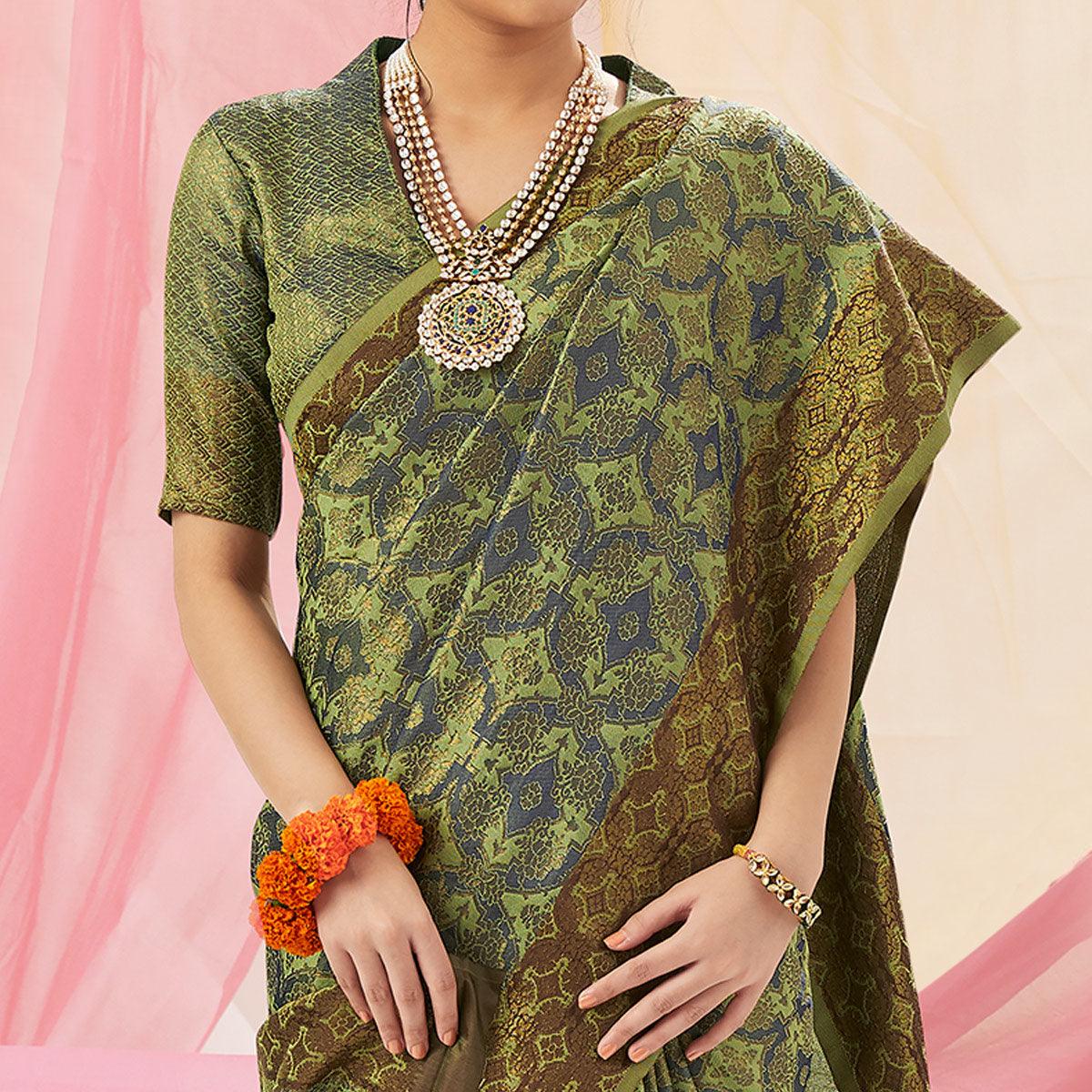 Graceful Green Colored Festive Wear Woven Soft Silk Saree - Peachmode