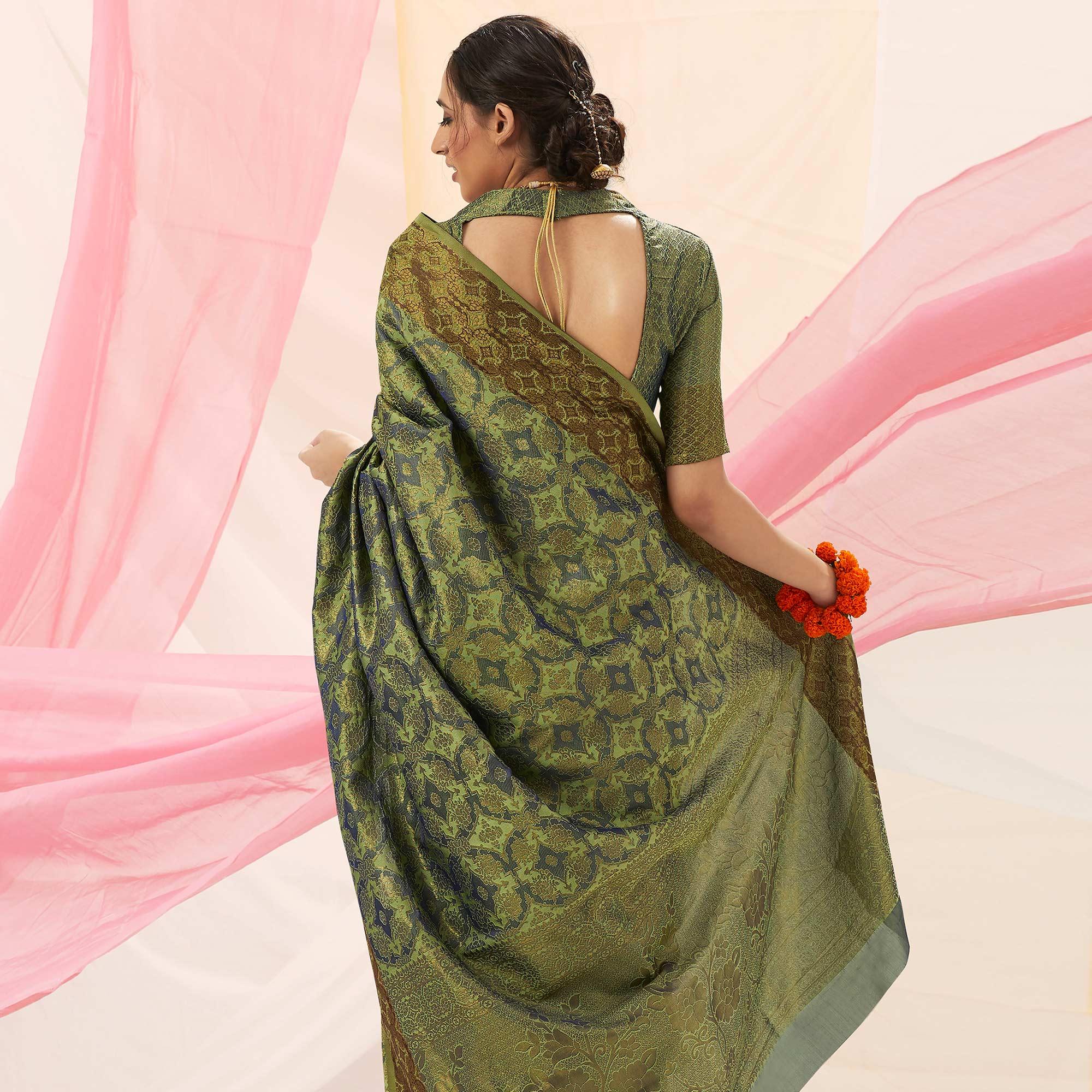 Graceful Green Colored Festive Wear Woven Soft Silk Saree - Peachmode