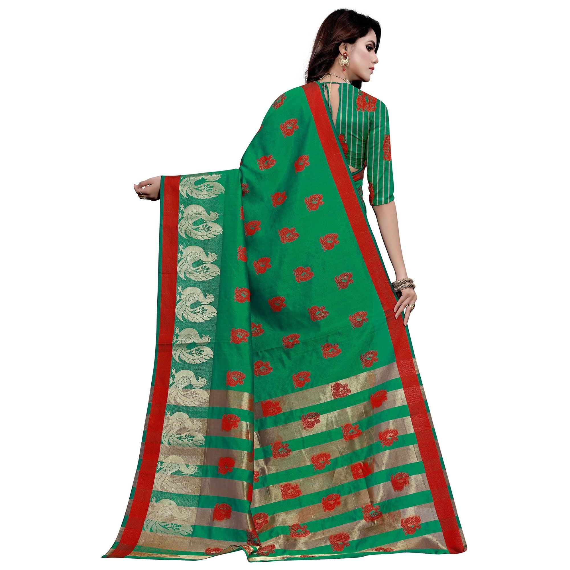 Graceful Green Colored Festive Wear Woven Work Art Silk Saree - Peachmode