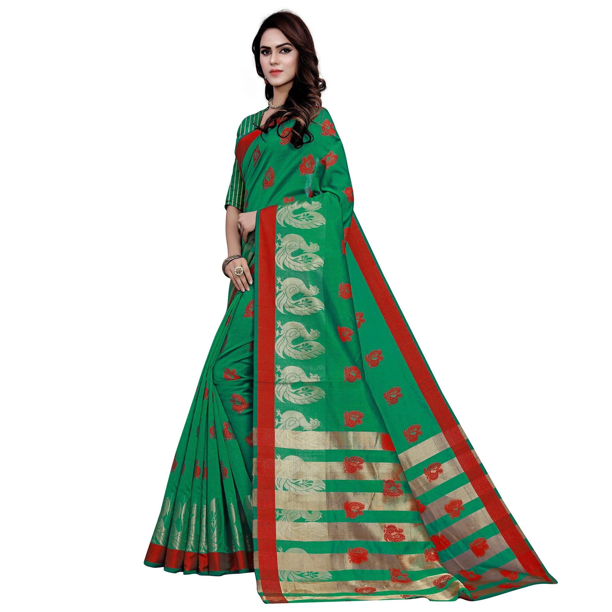 Graceful Green Colored Festive Wear Woven Work Art Silk Saree - Peachmode
