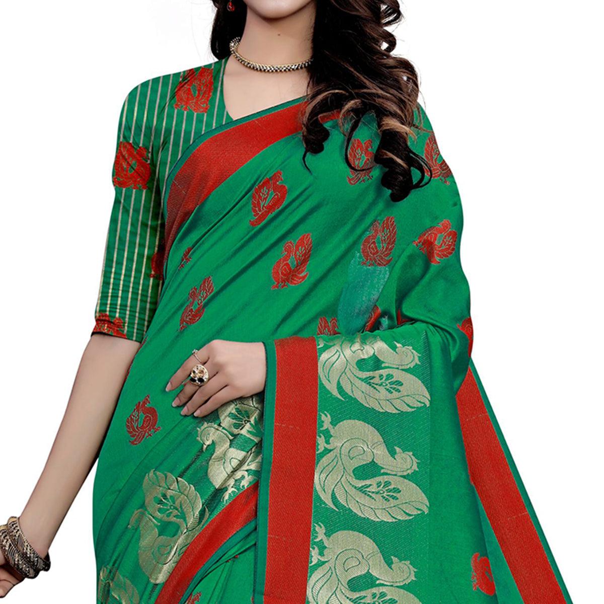 Graceful Green Colored Festive Wear Woven Work Art Silk Saree - Peachmode
